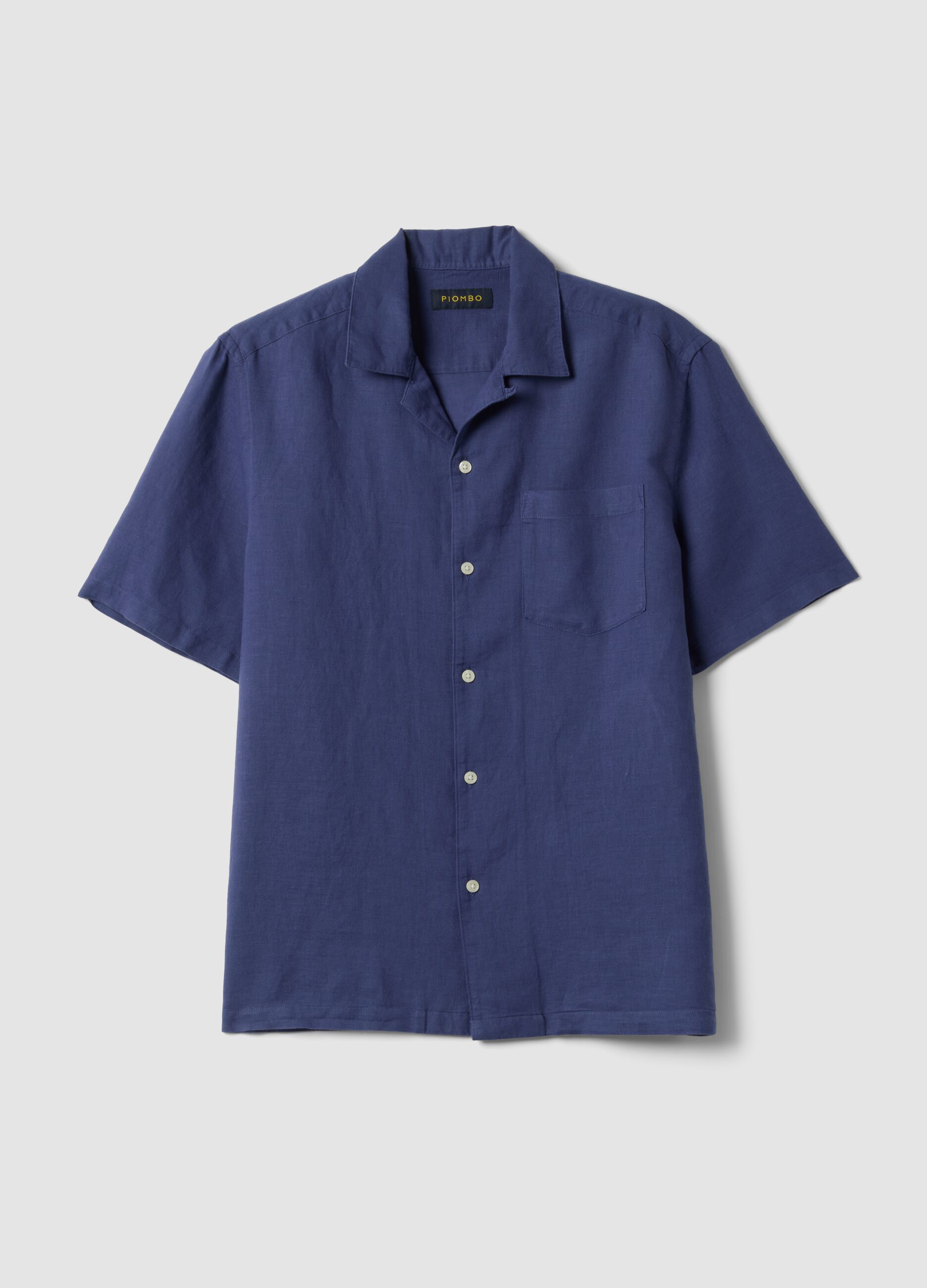 Blue linen-cotton blend shirt with bowling collar