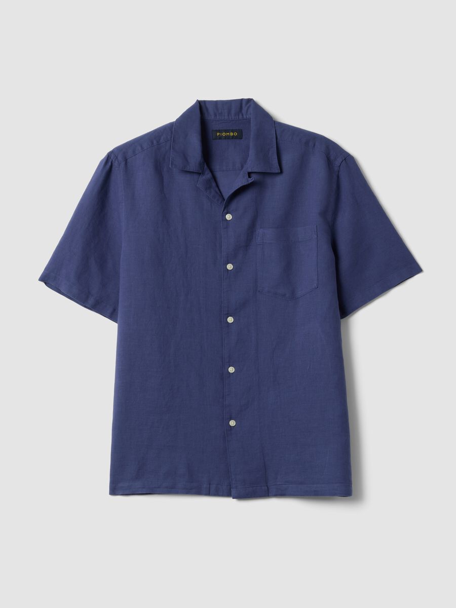 Camicia blu in misto lino e cotone con collo bowling_4