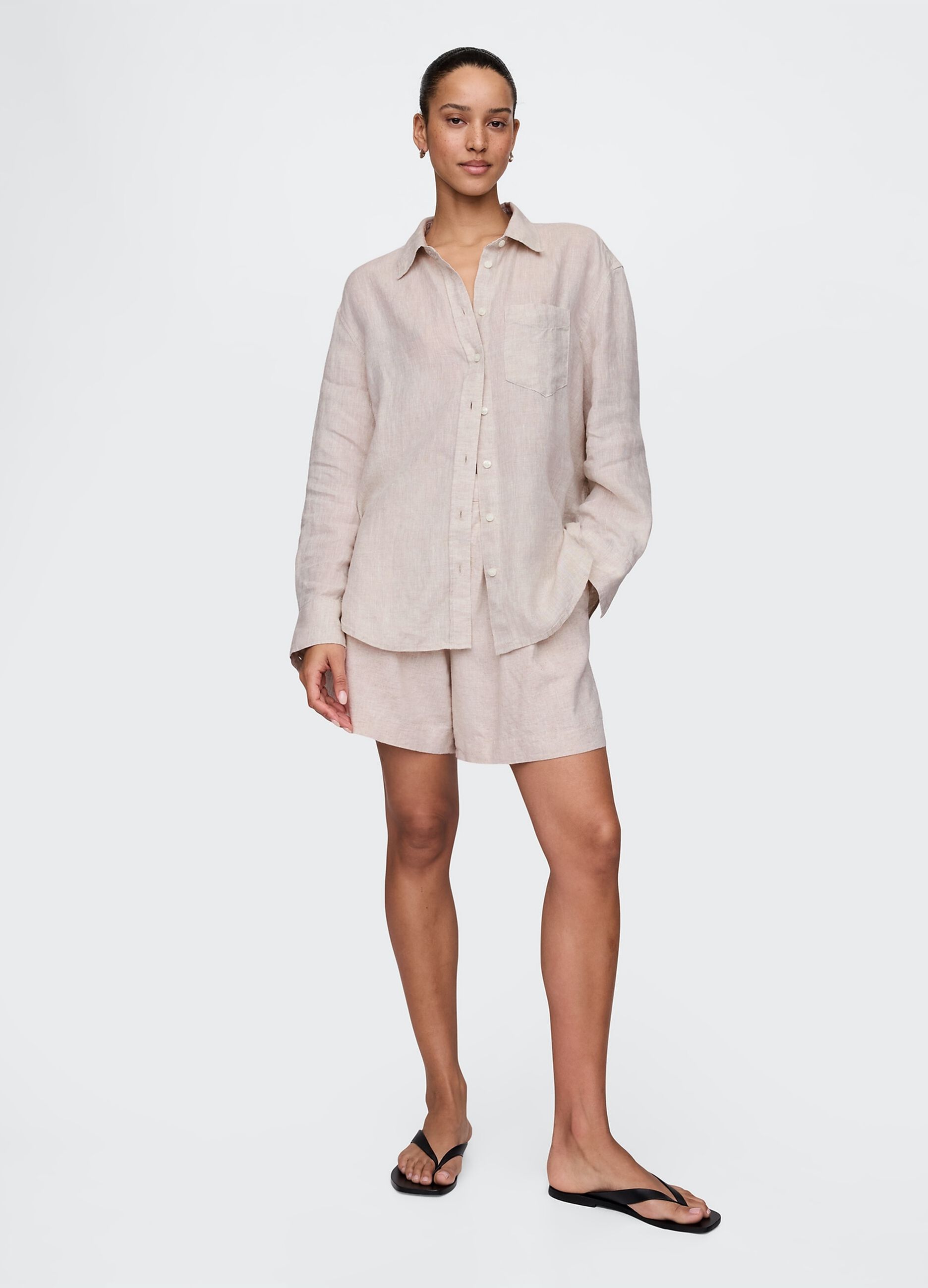 Shorts beige in lino e viscosa