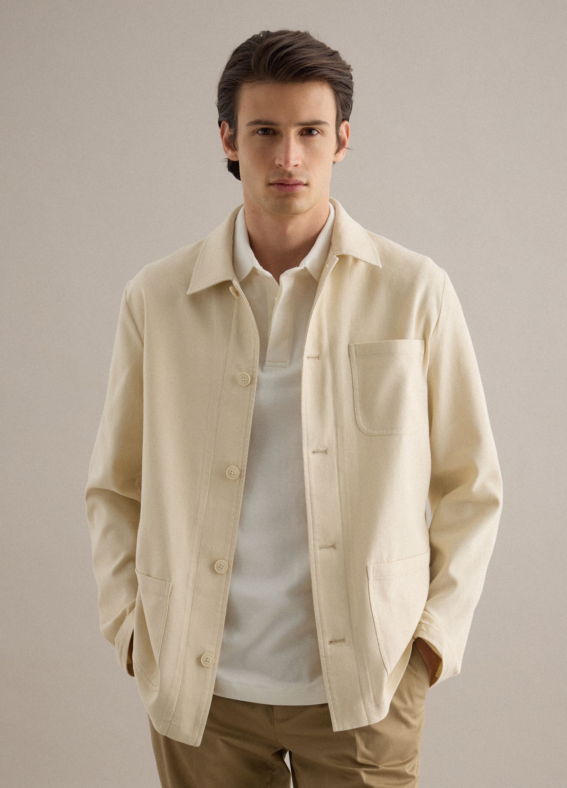 White regular fit linen-cotton blend jacket