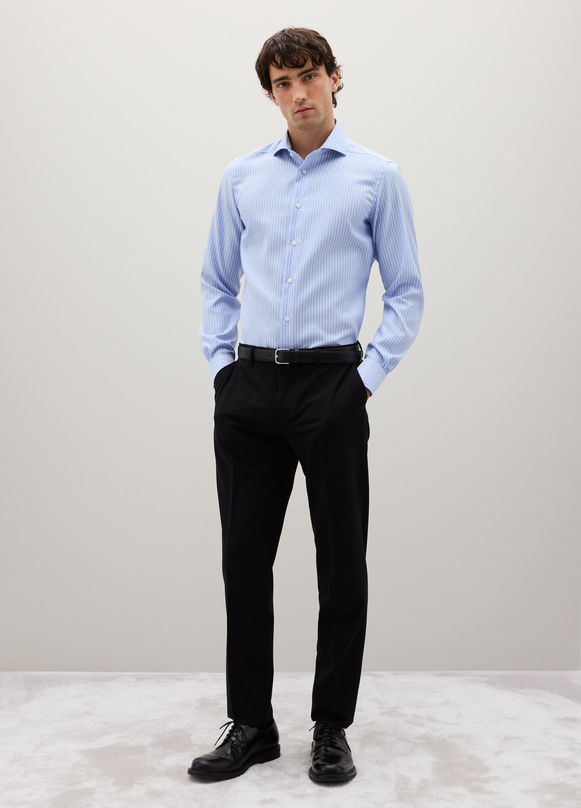 Slim fit pure cotton white and blue striped shirt