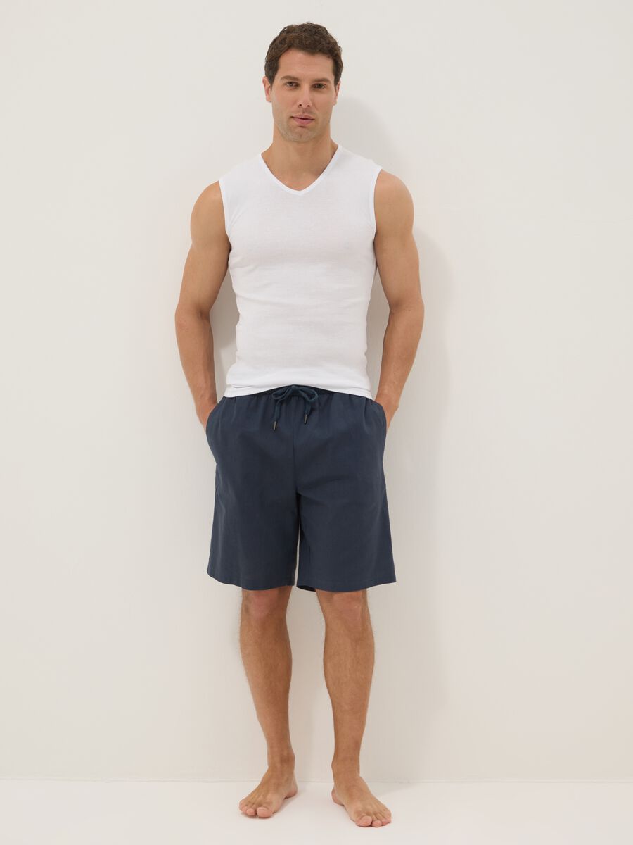 Blue cotton and linen blend pyjama shorts, regular fit_0