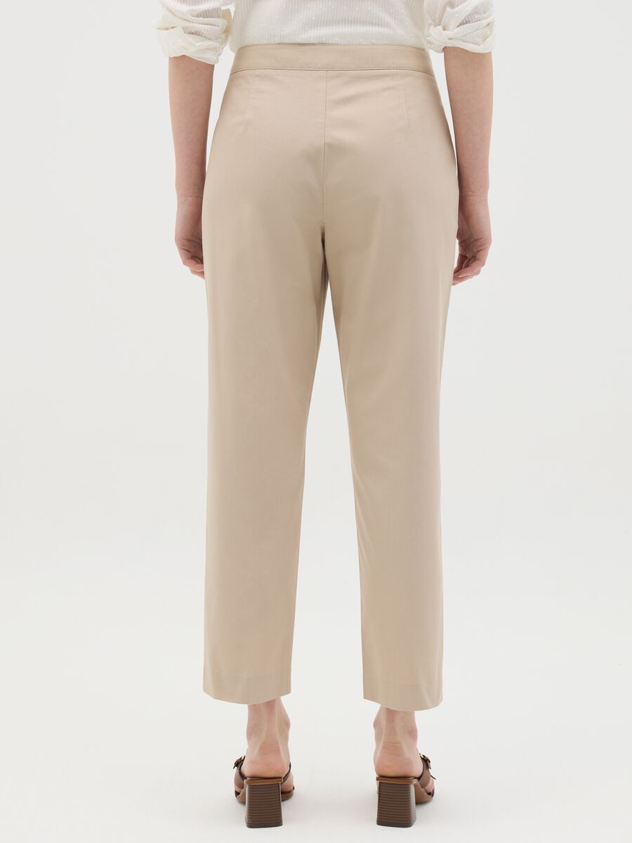 Women's beige regular fit pure cotton trousers with high waist_3