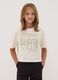 T-shirt beige in puro cotone con collo a costine e scritta frontale_0