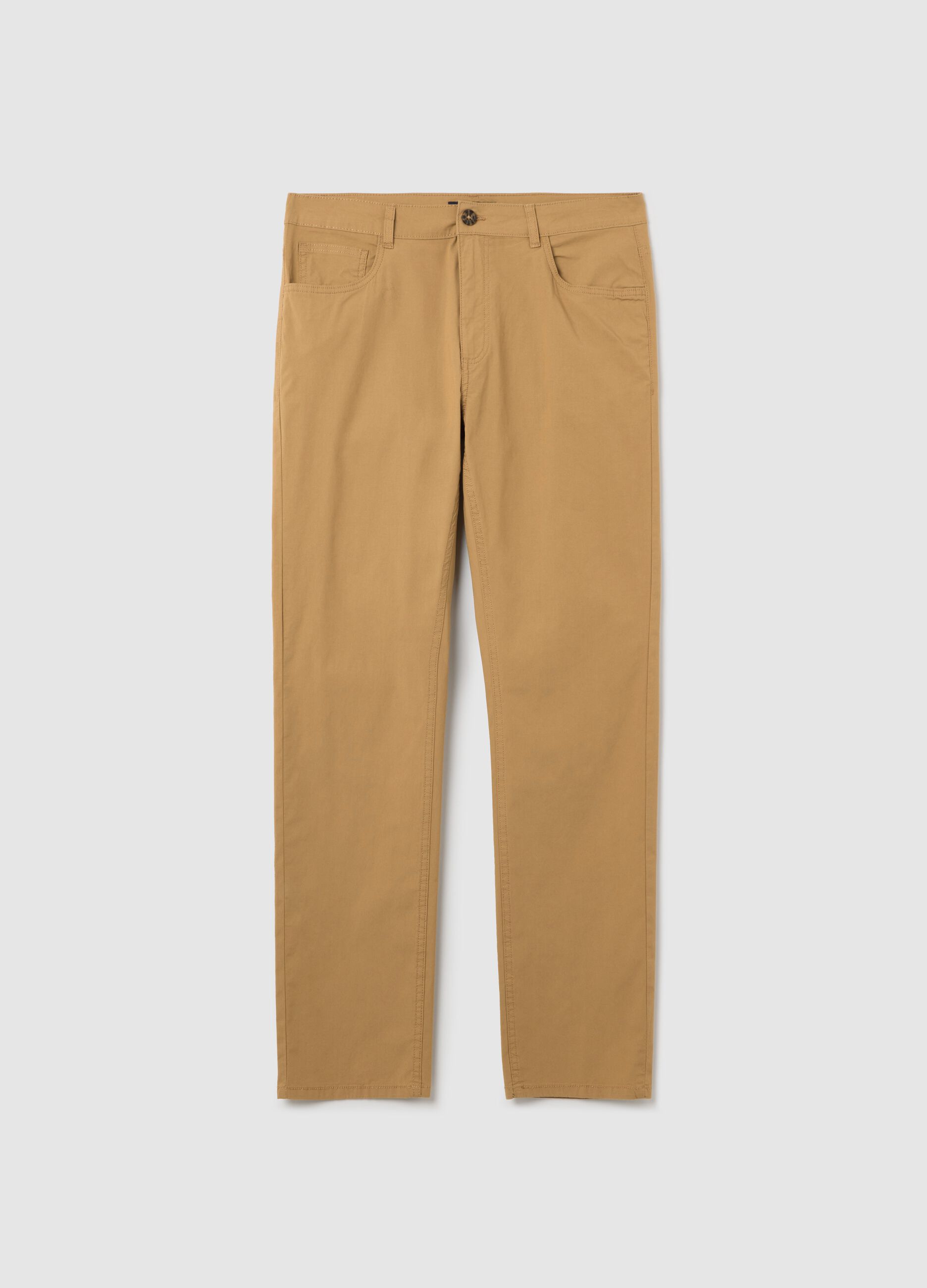 Beige chino trousers in stretch cotton with five pockets