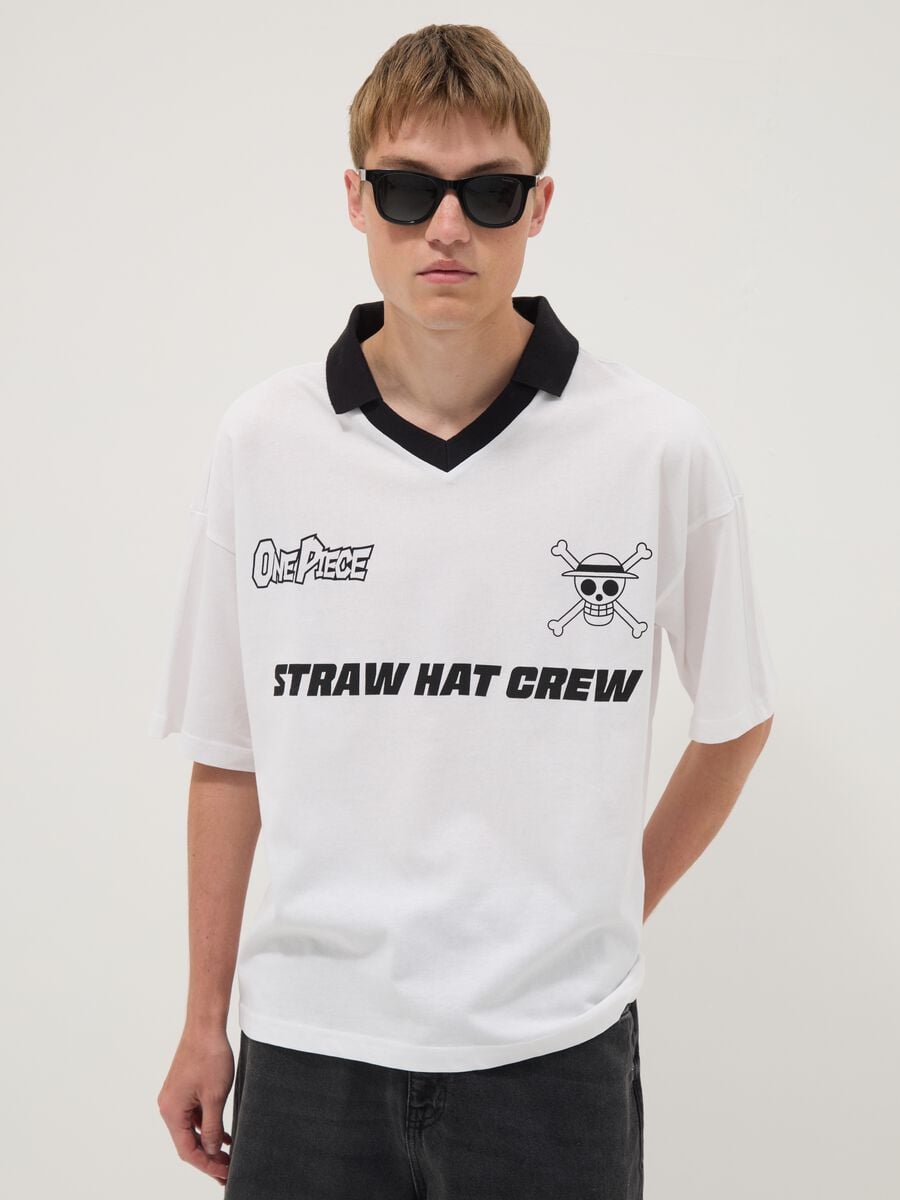 T-shirt bianca in puro cotone con colletto a contrasto_0