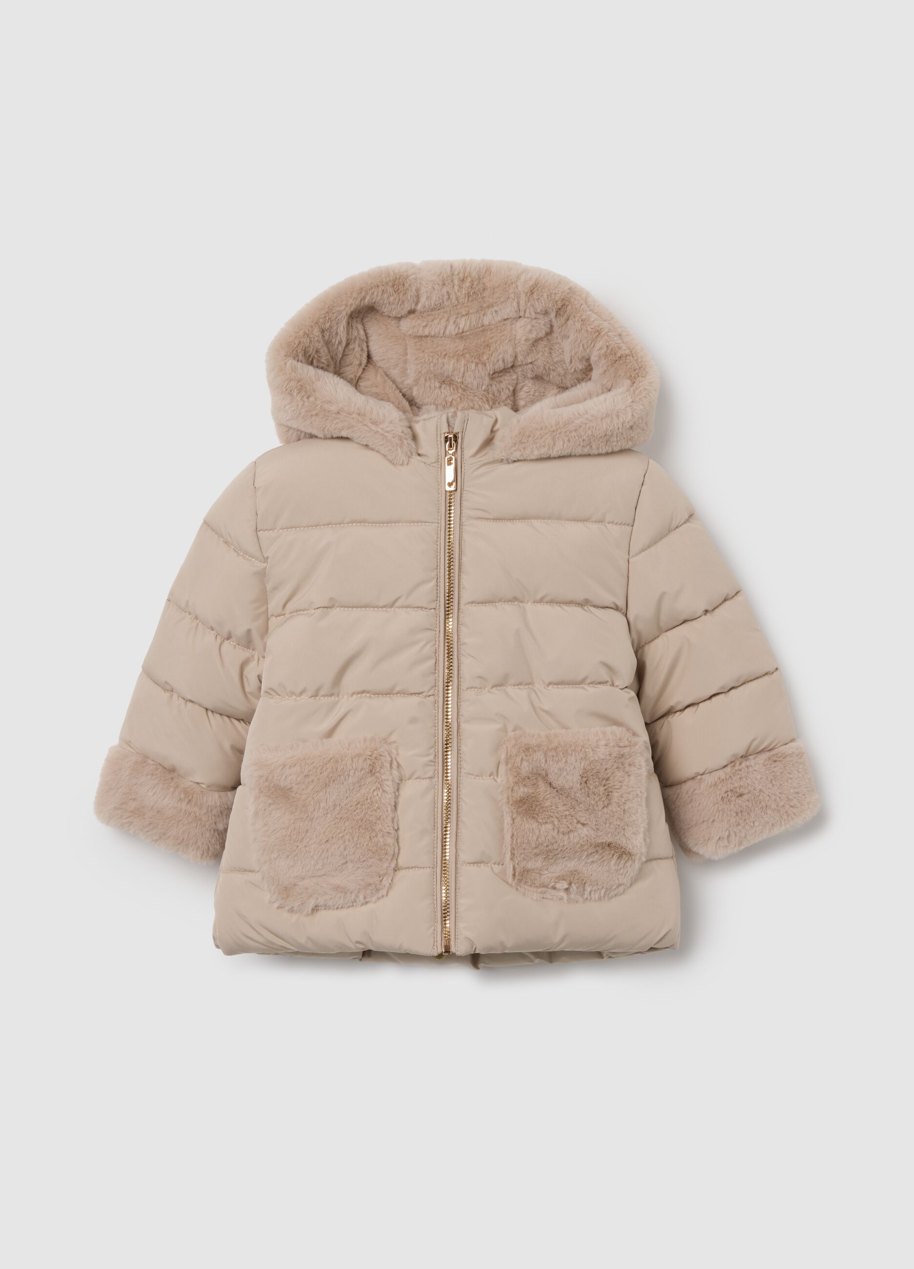 Beige padded jacket with faux fur hood