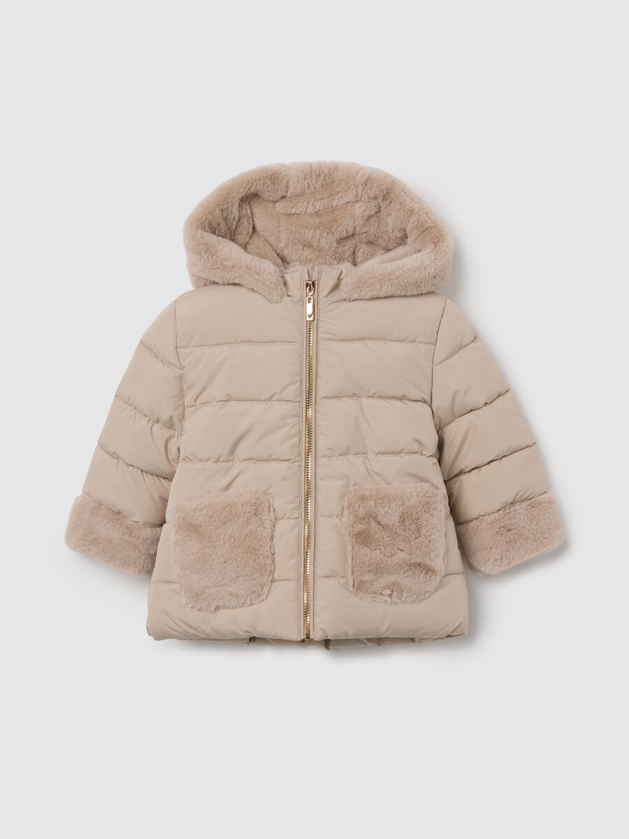 Beige padded jacket with faux fur hood_0