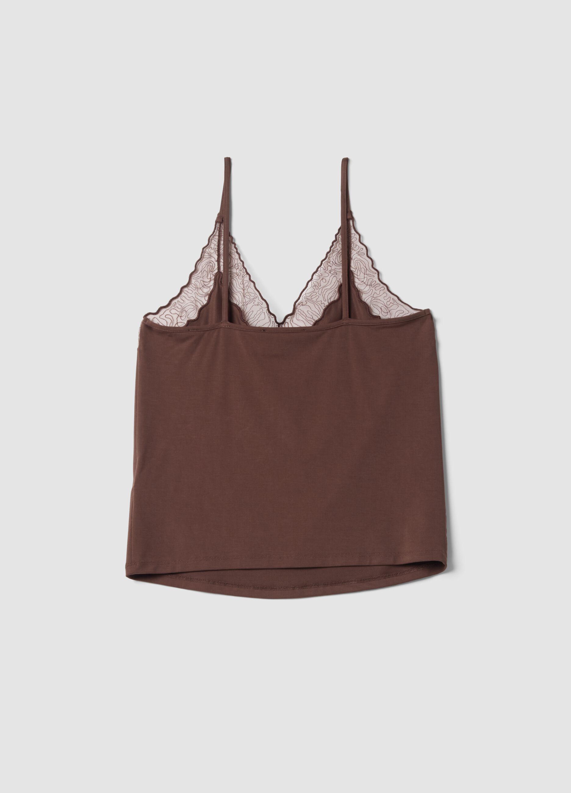 Brown stretch viscose tank top with lace and V-neckline
