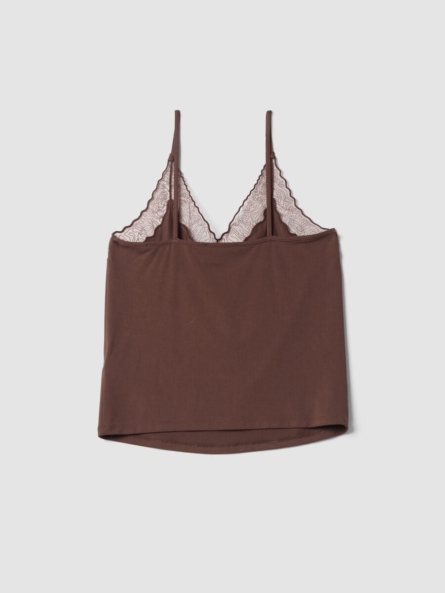Tank top marrone in viscosa elasticizzata con pizzo e scollo a V_6