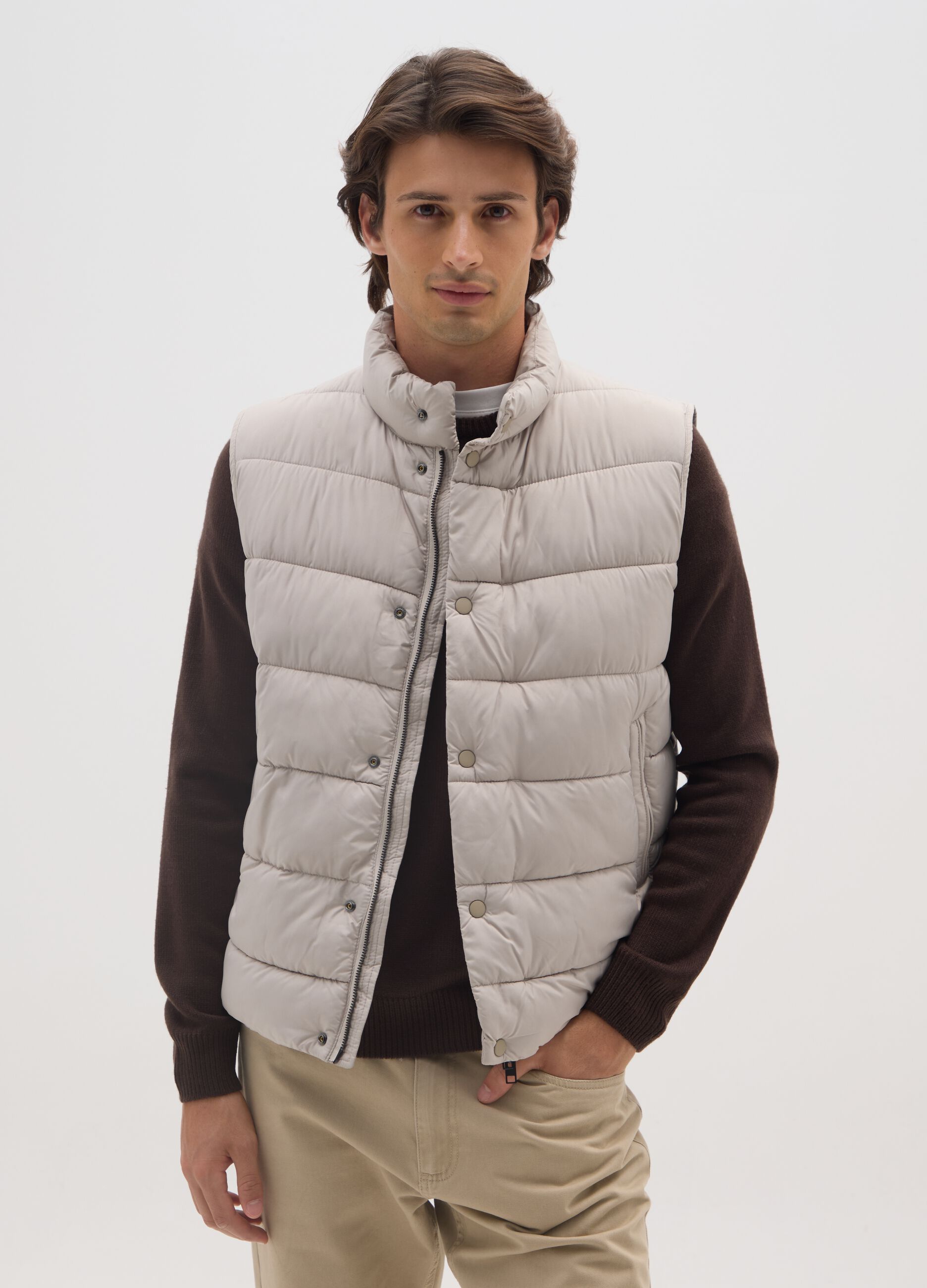 Beige Quilted Waistcoat with Zip