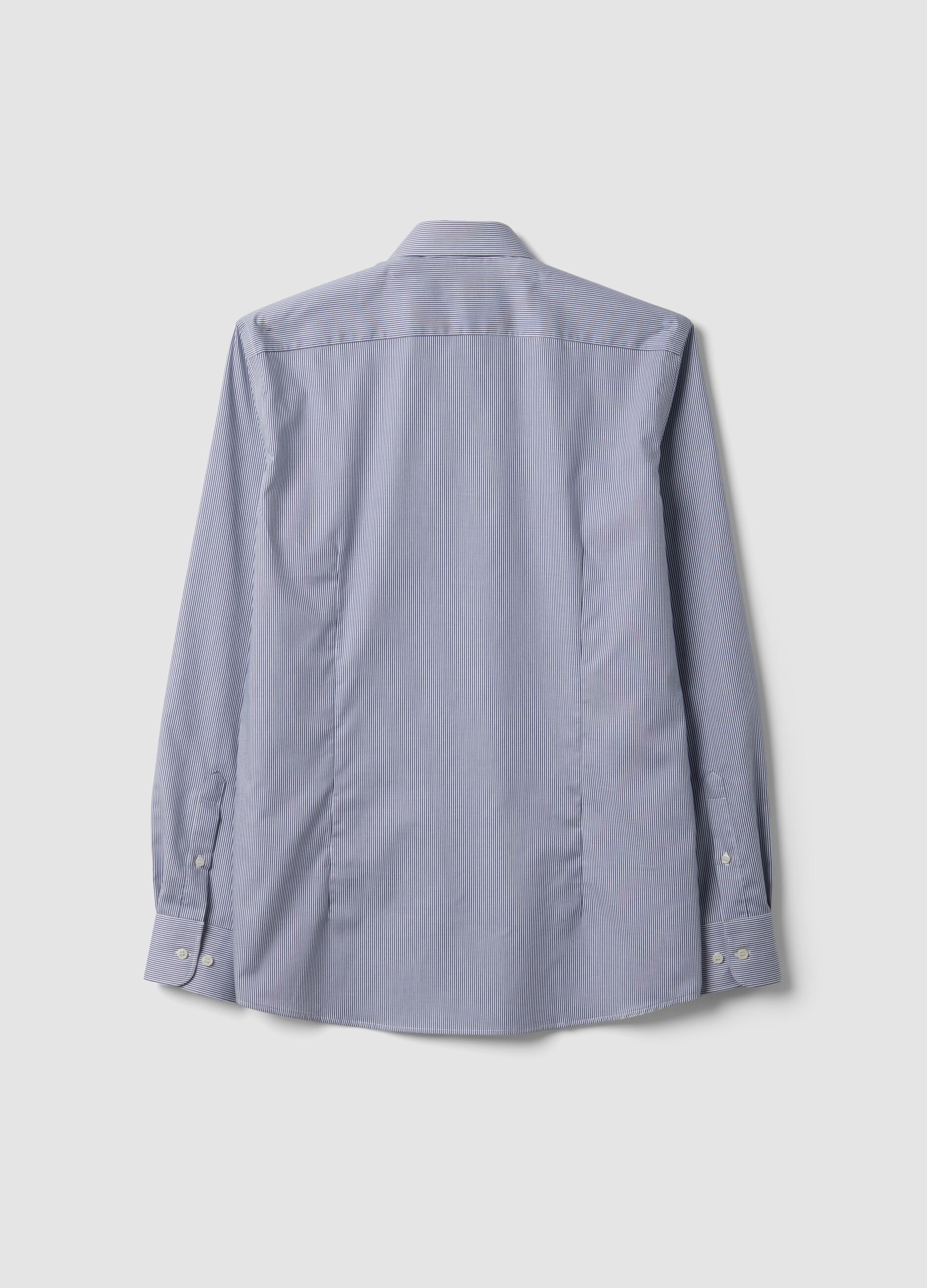 Blue pure cotton striped shirt with French collar, slim fit, non-iron