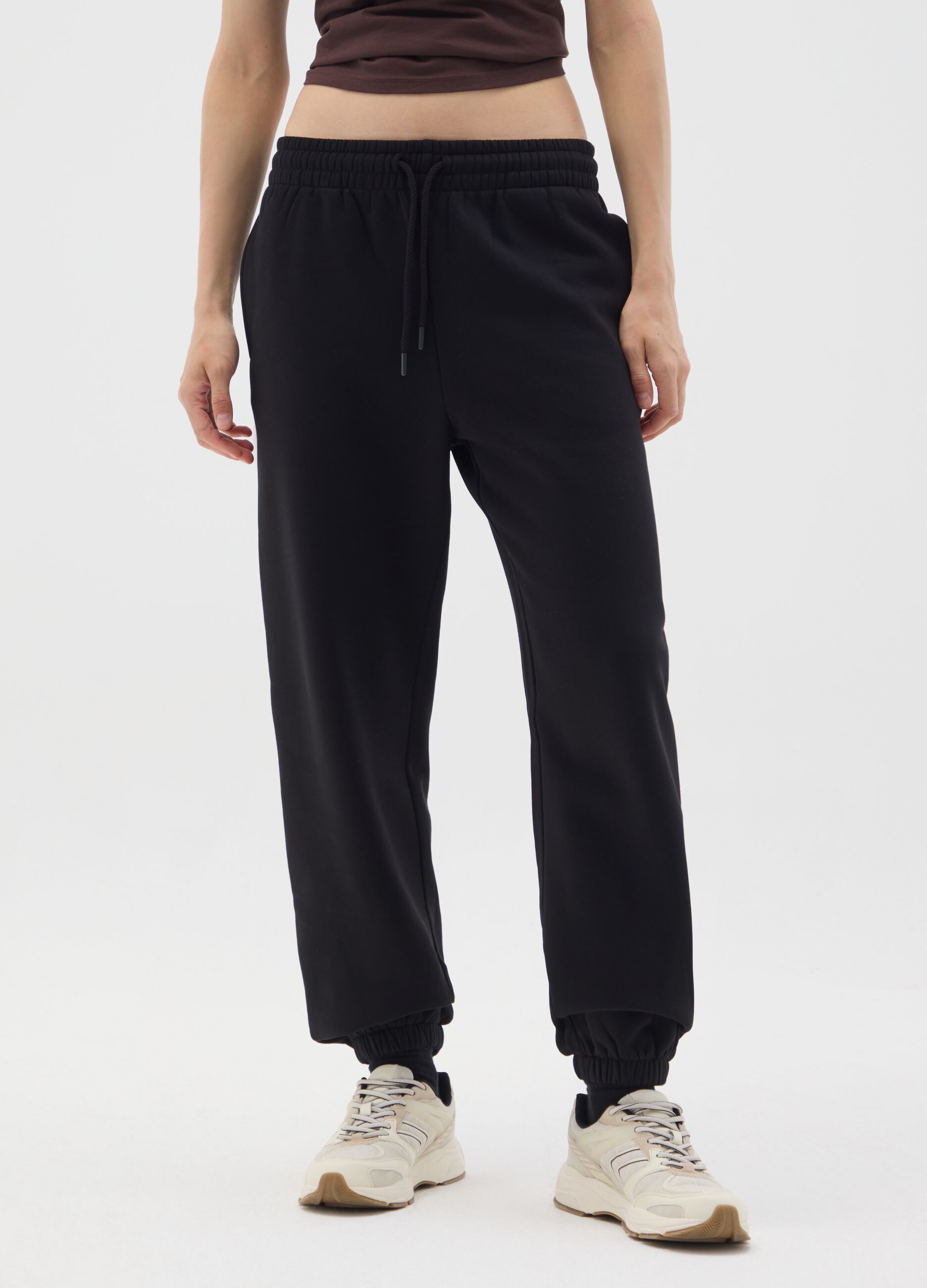 Black cotton blend regular fit trousers