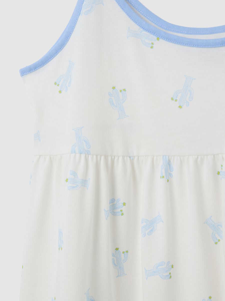 Women's White Pure Cotton Summer Dress with Blue Cactus Motif and Ruffle Hem_1