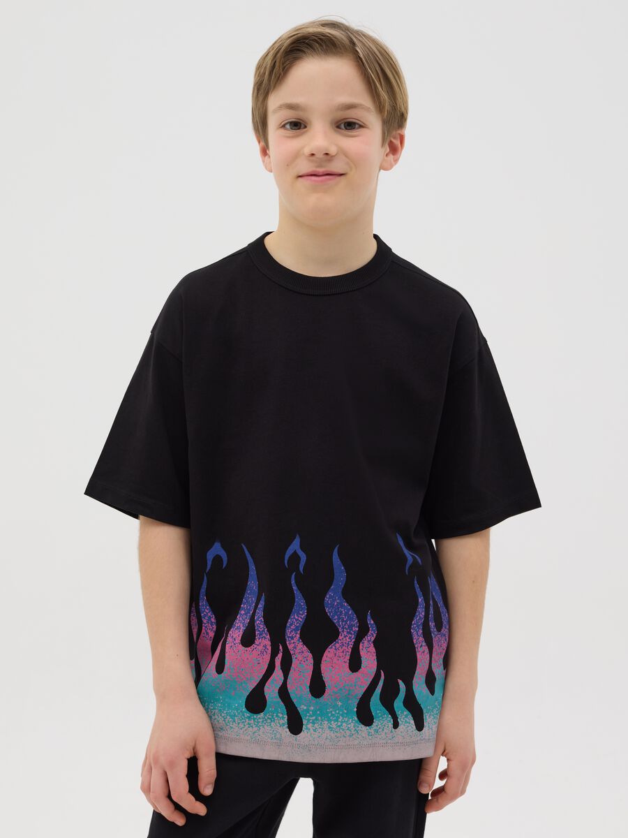 Cotton T-shirt with flame print_0