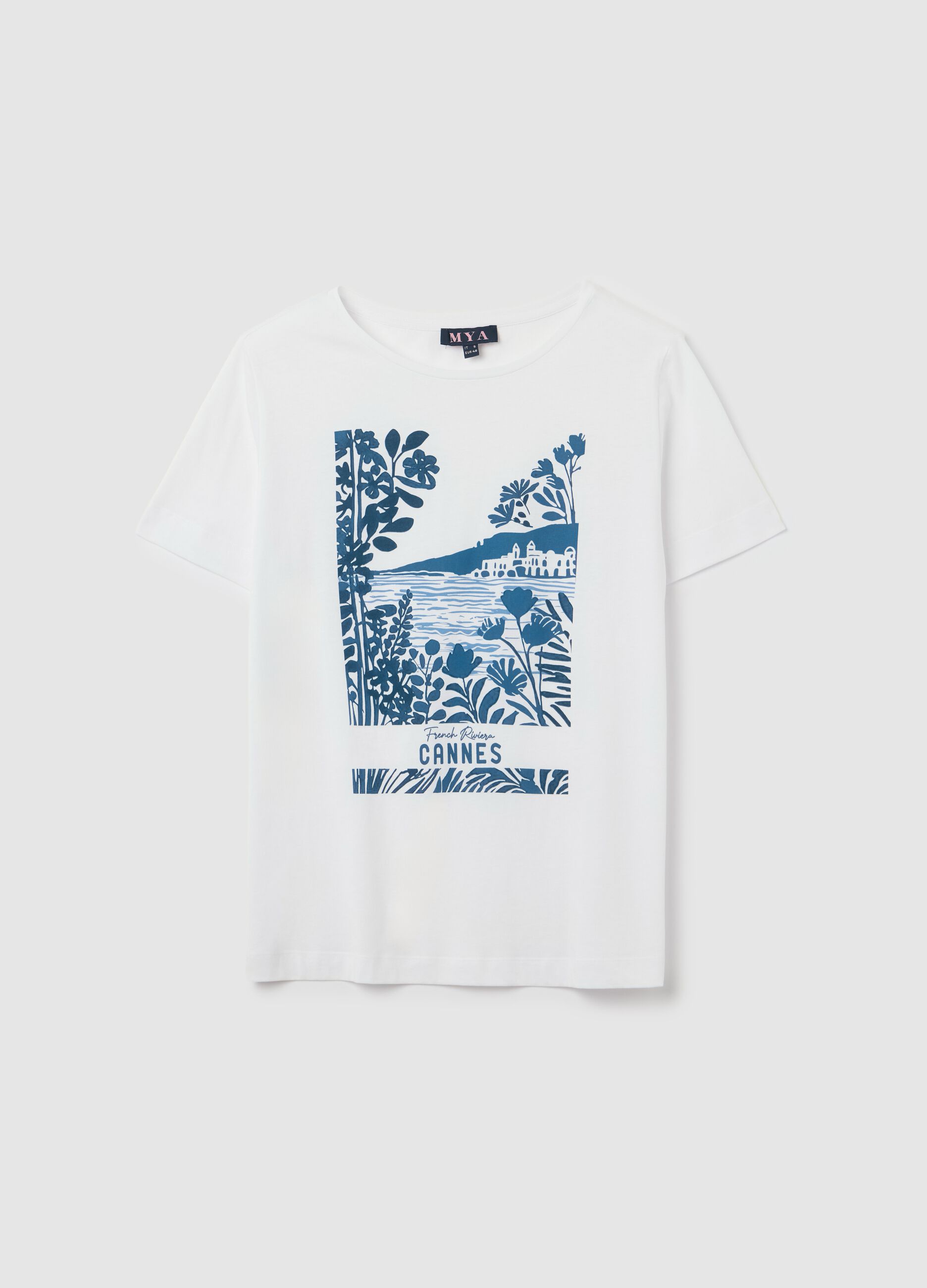 White T-shirt with blue Cannes print