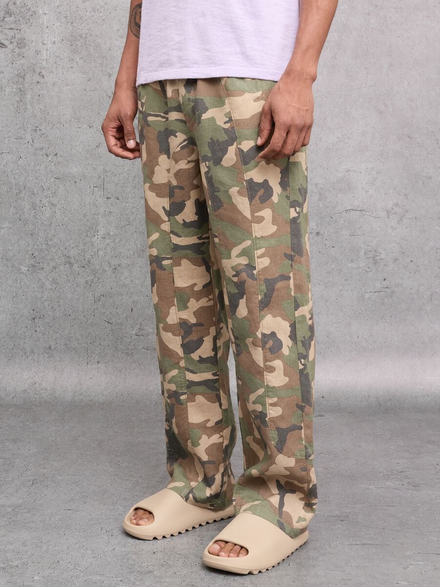 100% Linen Wide Leg Pants Camo_1