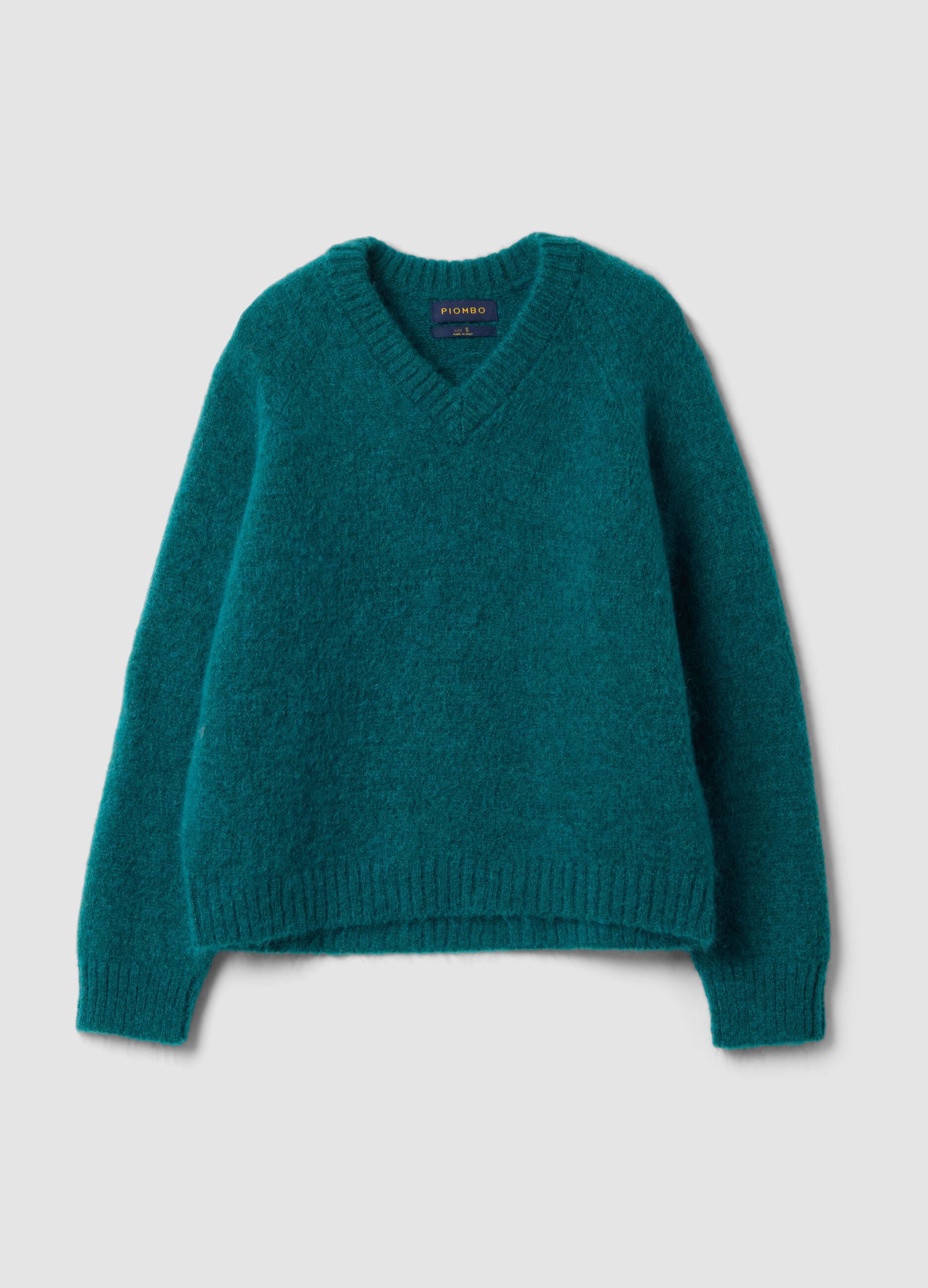 Oversized teal-green V-neck jumper in stretch mohair and merino wool