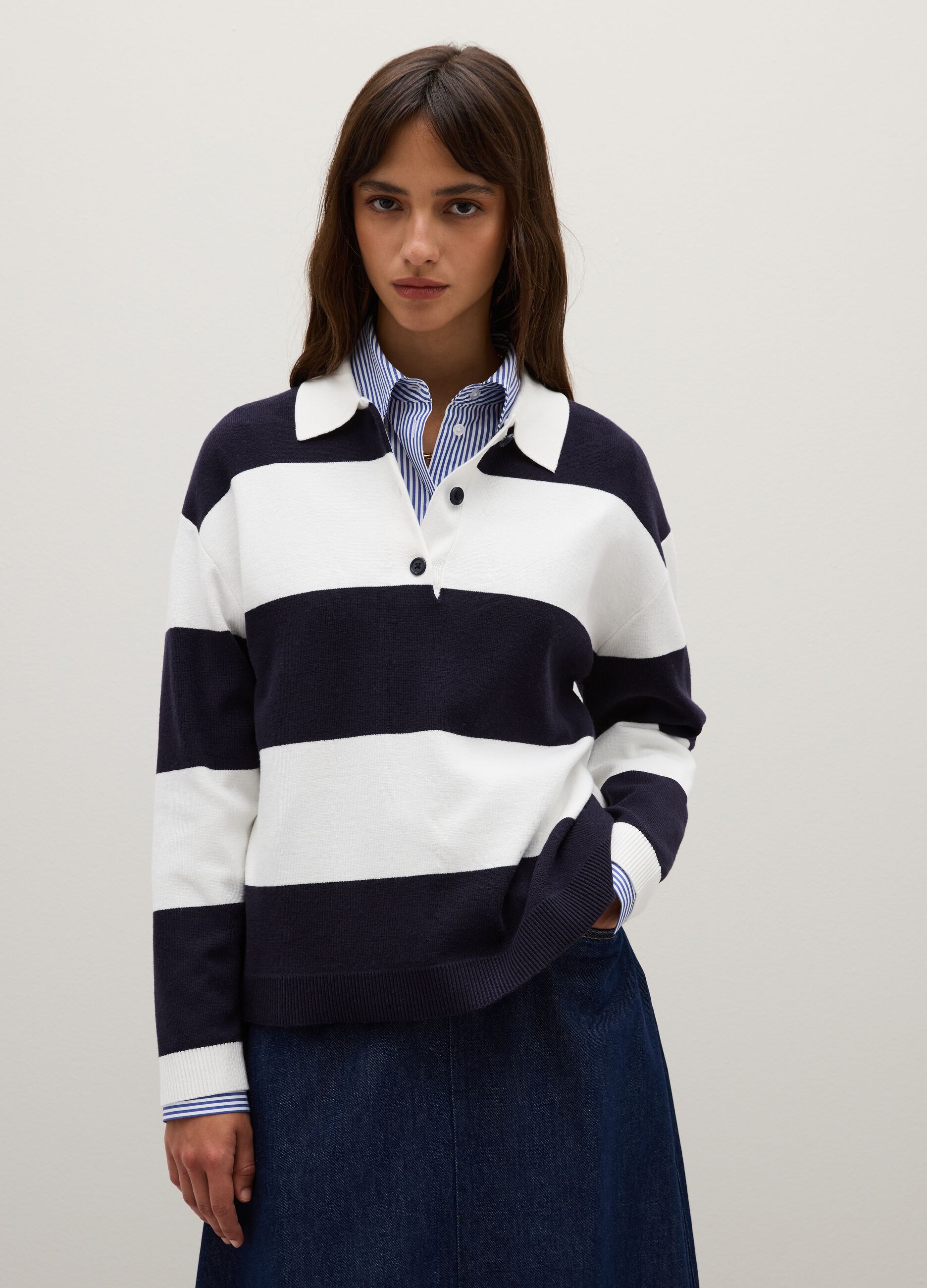 Regular fit blue and white mixed sweater