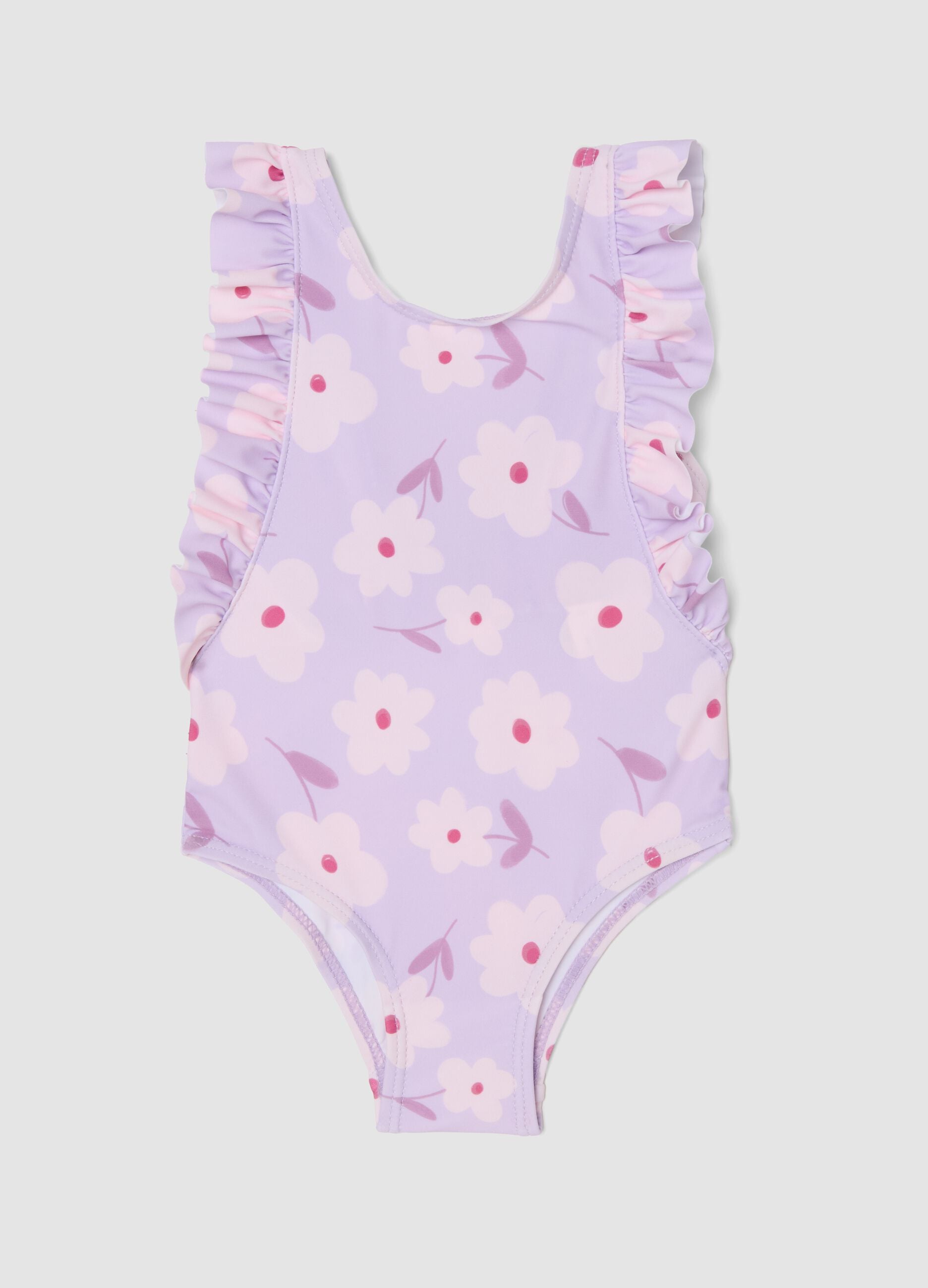 Purple ruffle-trim swimsuit in stretch fabric