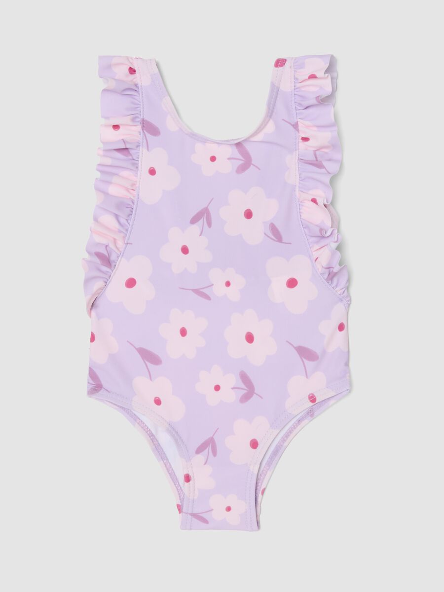 Purple ruffle-trim swimsuit in stretch fabric_0