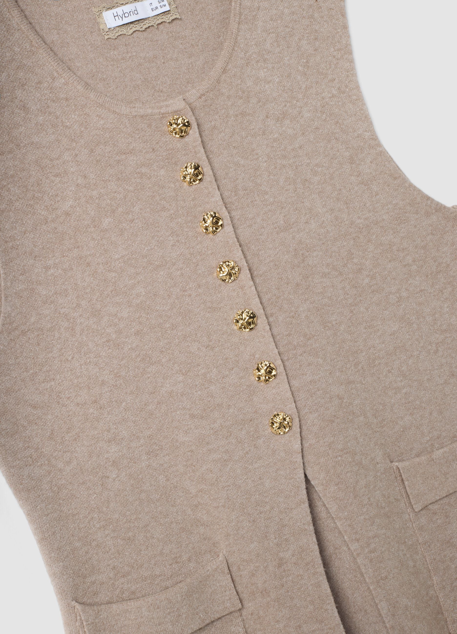 Beige viscose-blend gilet with jewel buttons