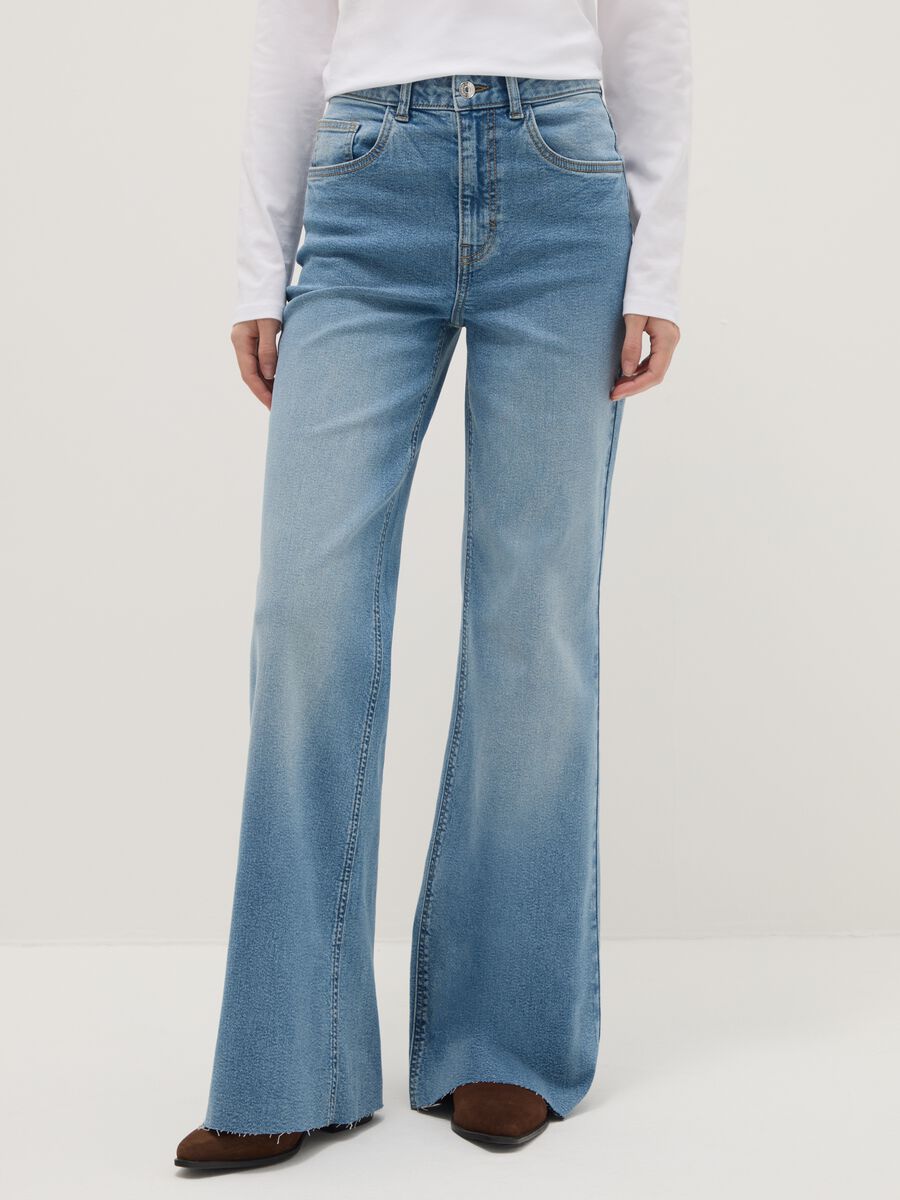 Wide leg blue stretch cotton jeans_1