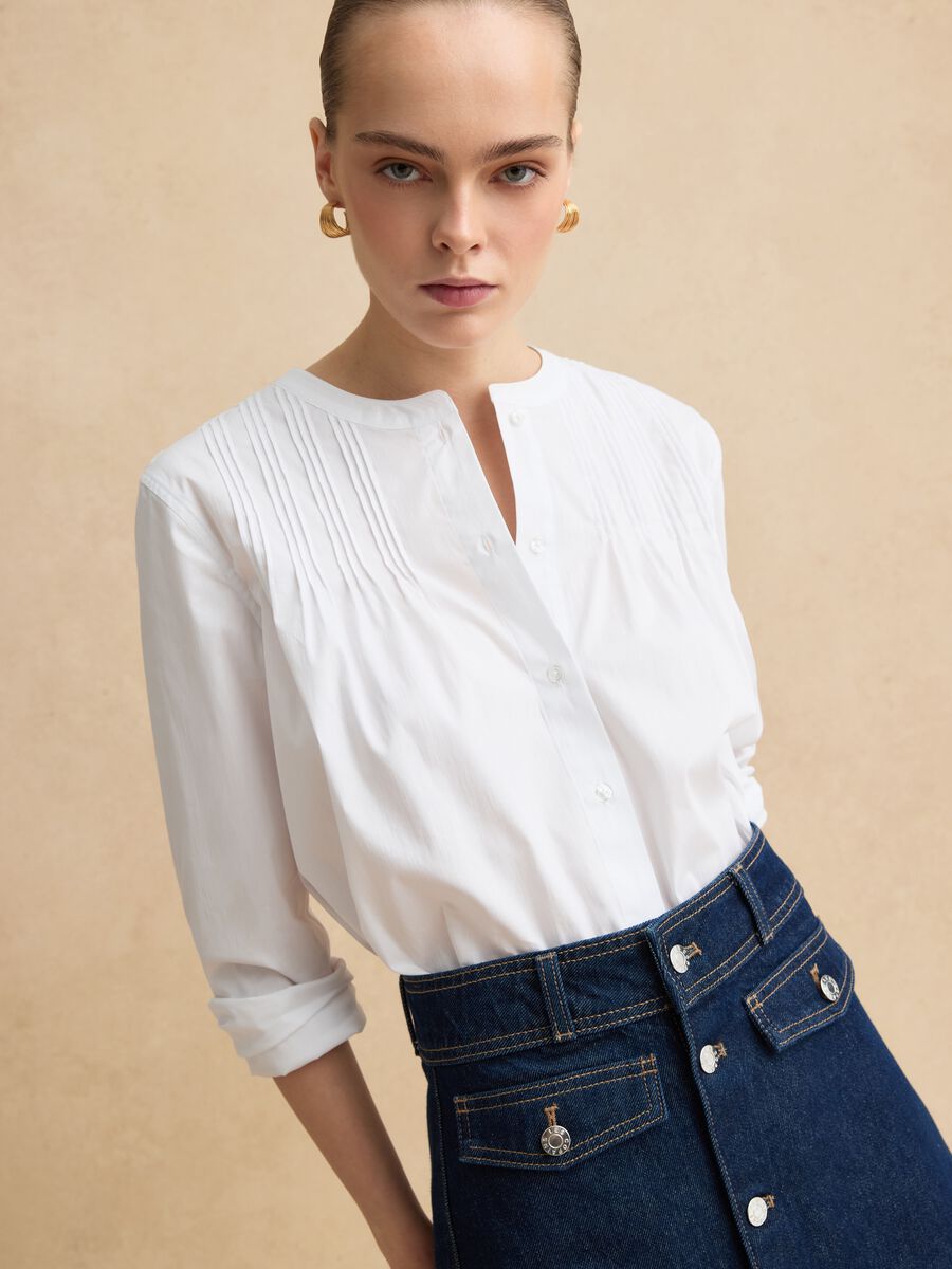 White cotton blend regular fit shirt with mandarin collar_2