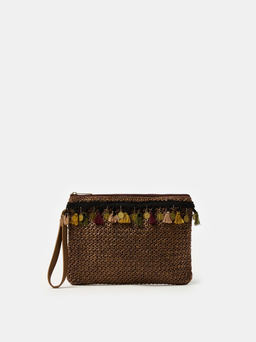 Clutch bag with crochet application and tassels_0