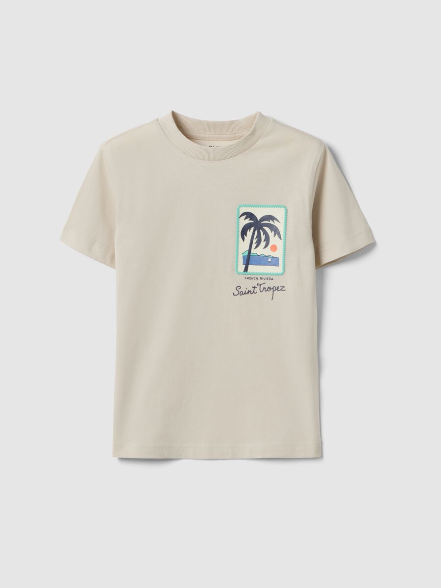 Children's beige pure cotton T-shirt, regular fit with palm print_0