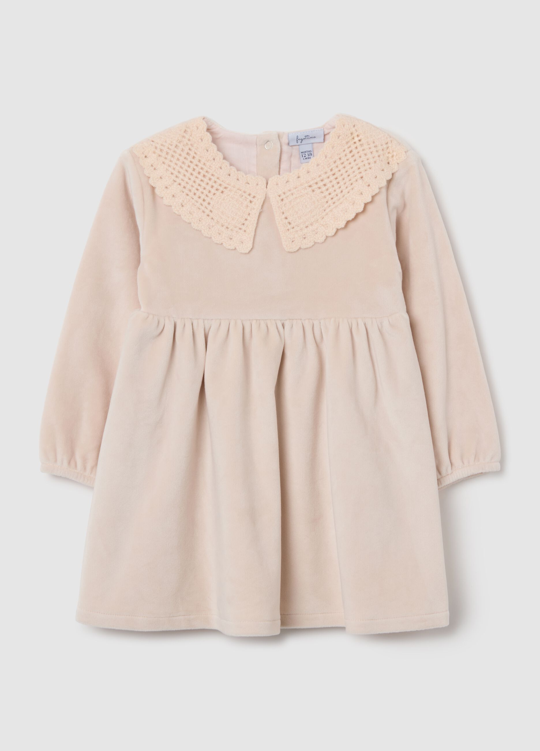 Beige velour dress with embroidered collar