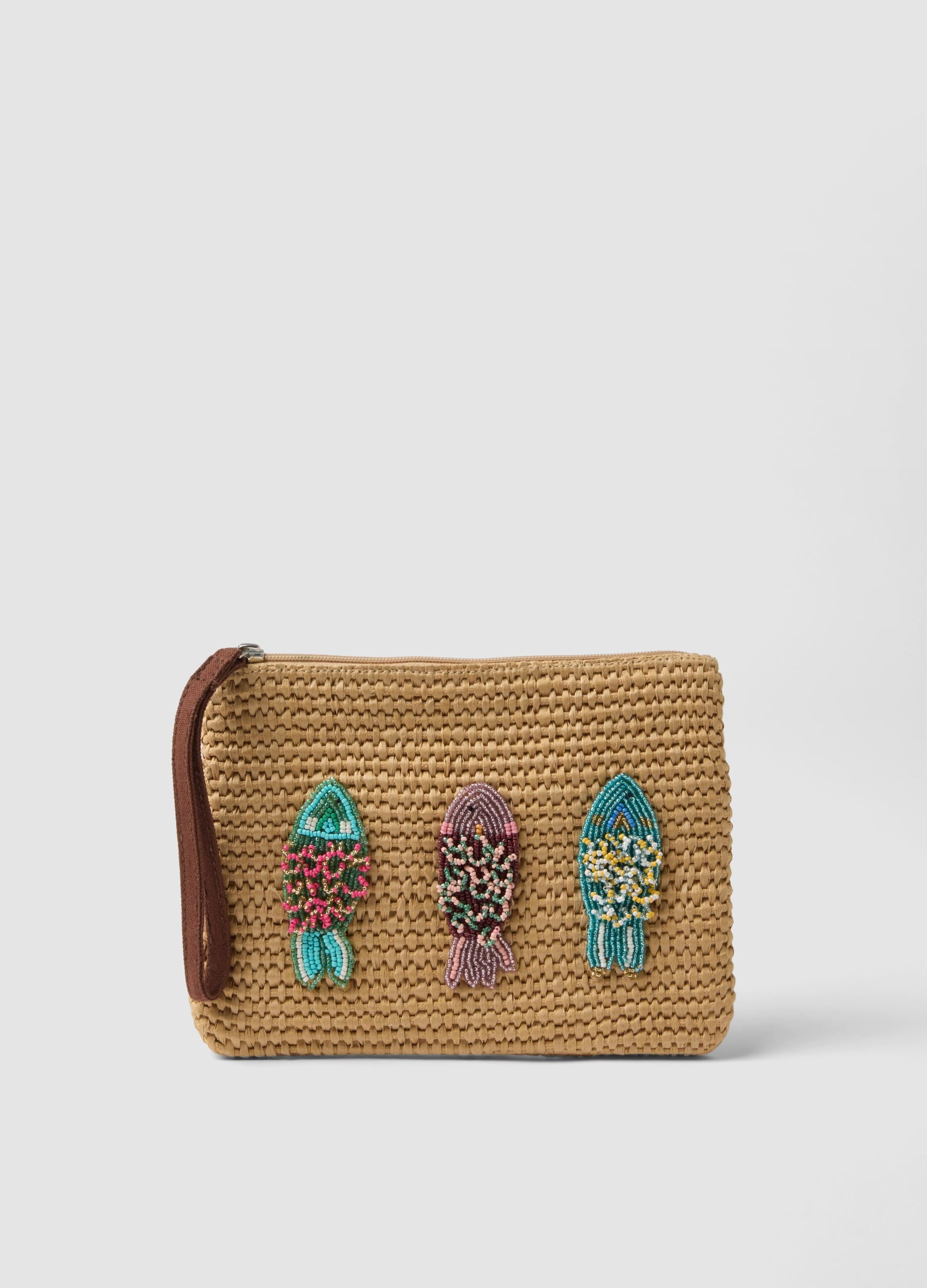 Beige cotton-blend pouch with zip and beaded details
