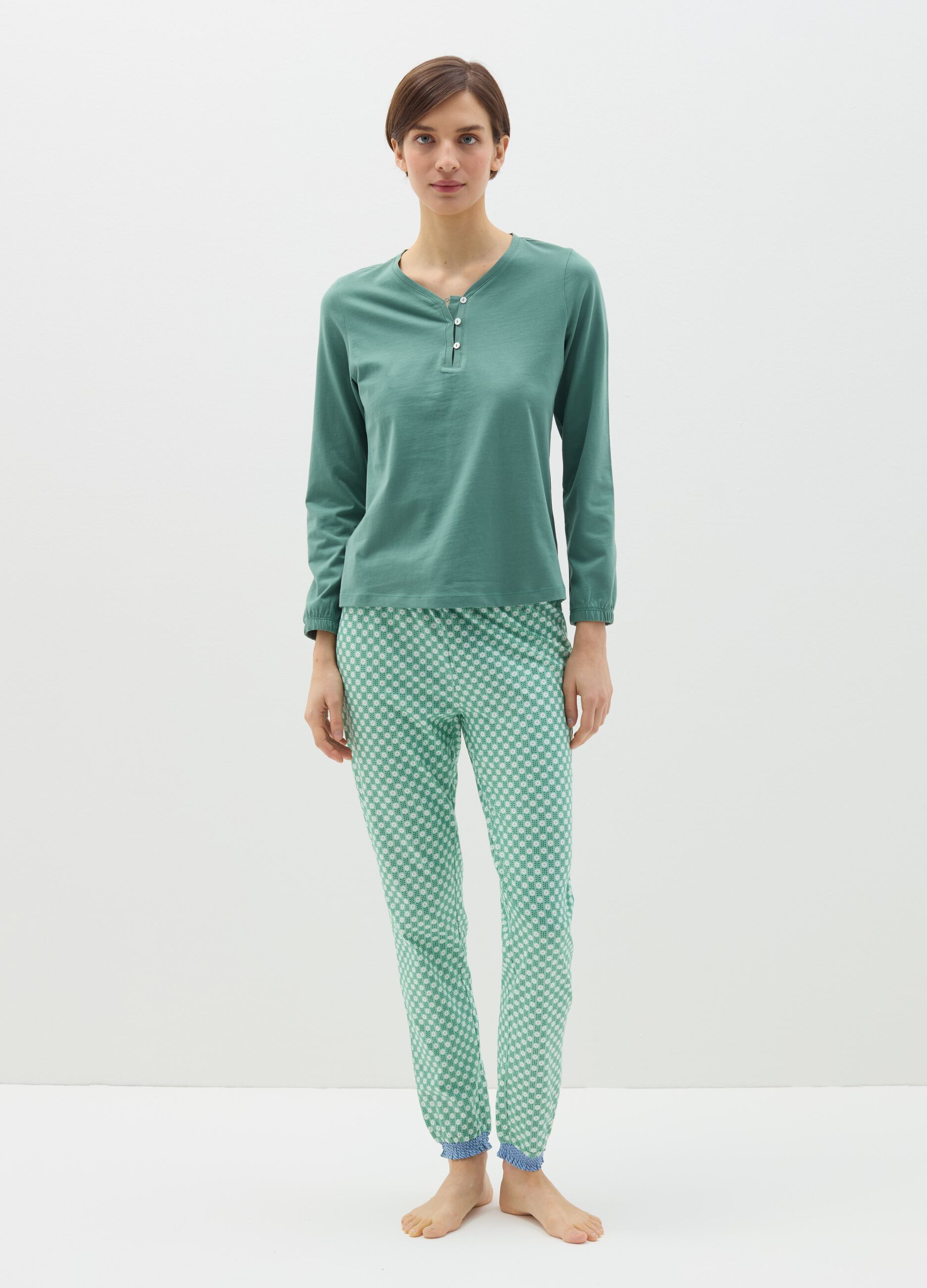 Cotton pyjama top with granddad neck