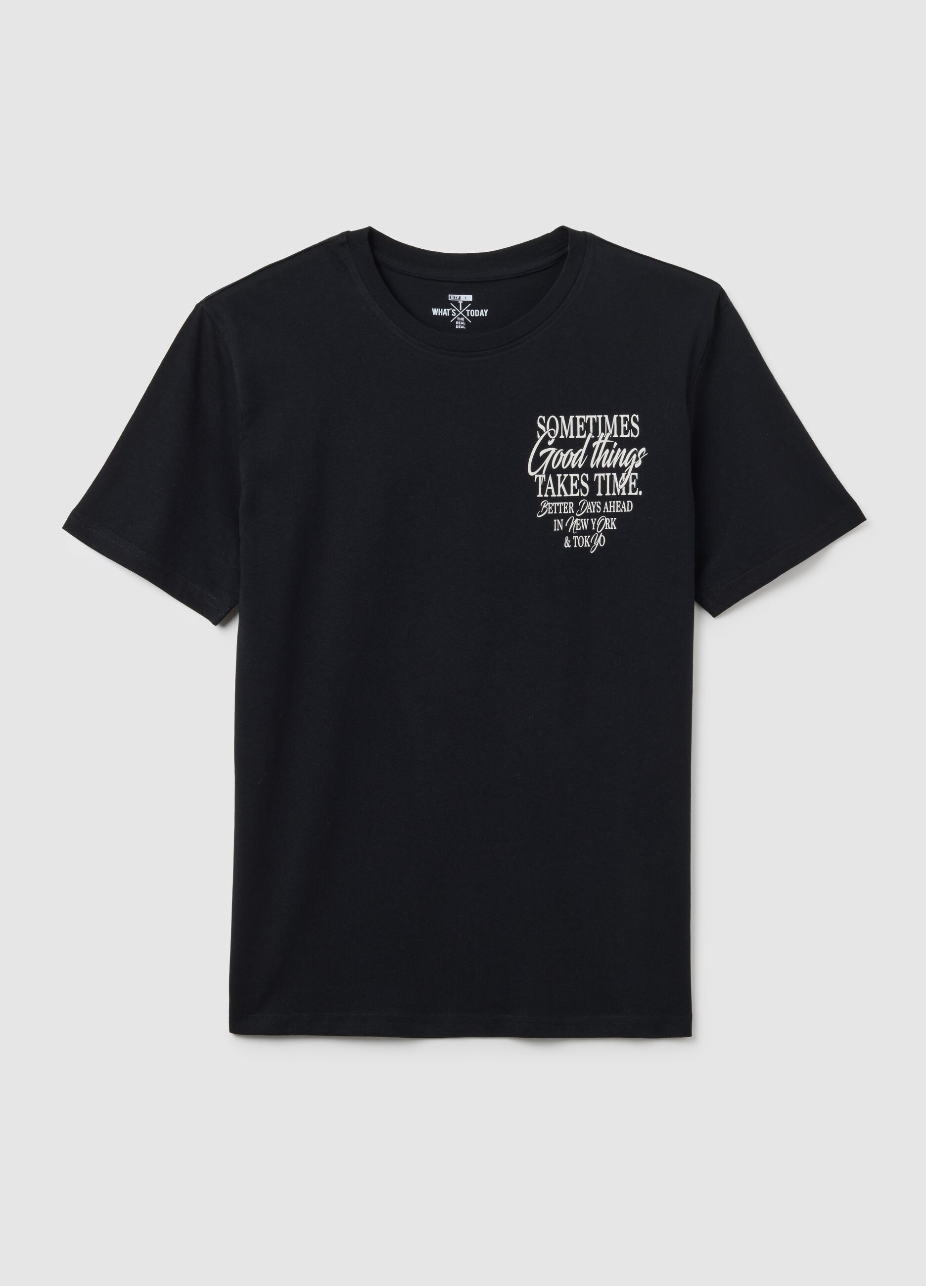 Regular fit black pure cotton T-shirt with motivational messages
