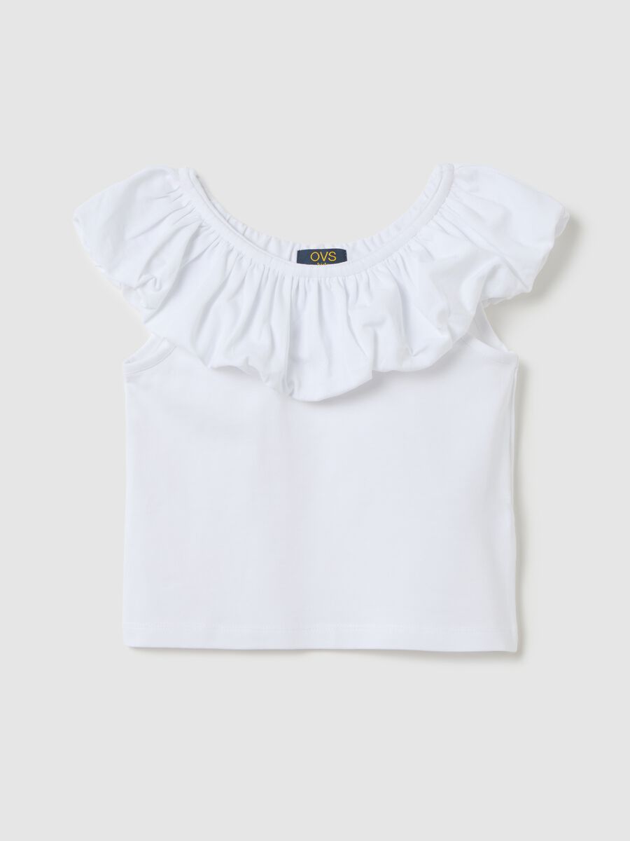 White T-shirt with ruffle neckline_0
