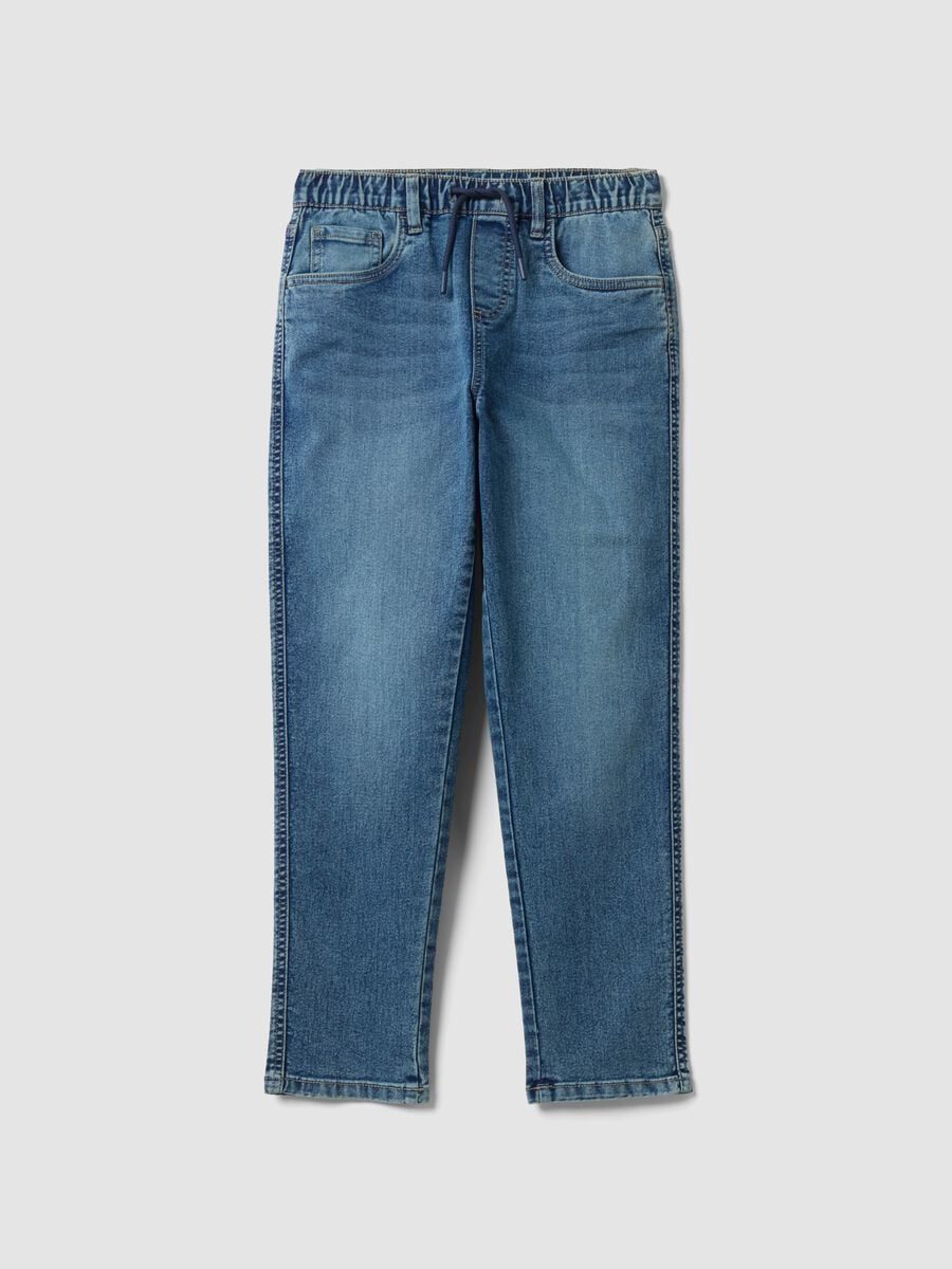 Jeans blu in cotone elasticizzato con vita elasticizzata per ragazzo_0