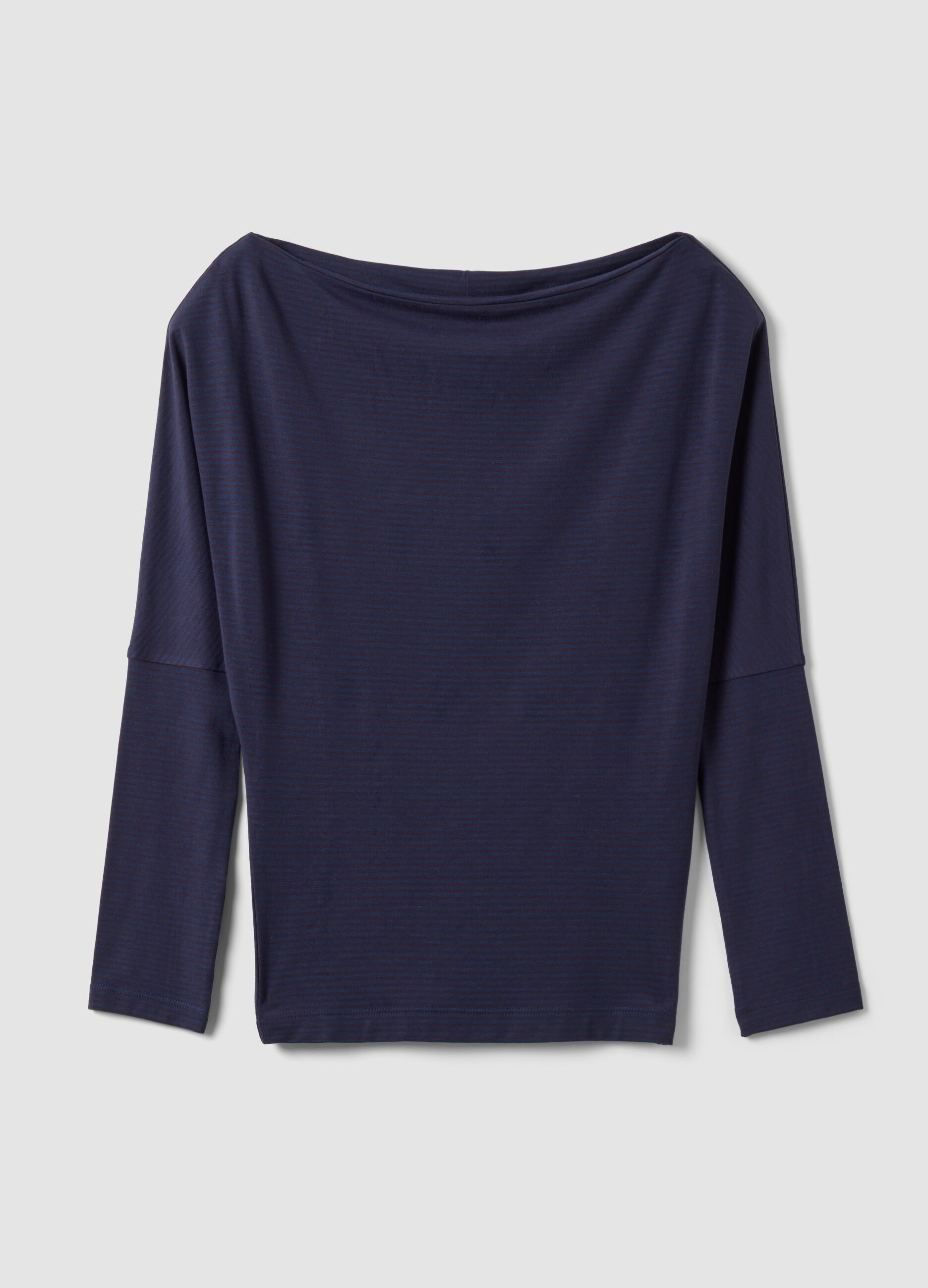 T-shirt blu in viscosa elasticizzata con scollo a barchetta
