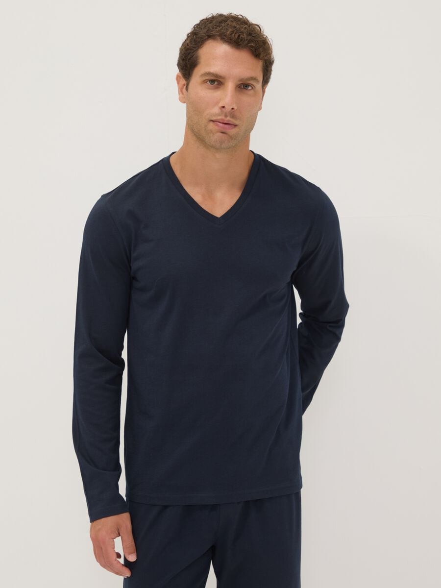 Pigiama blu in puro cotone organico con scollo a V regular fit_1