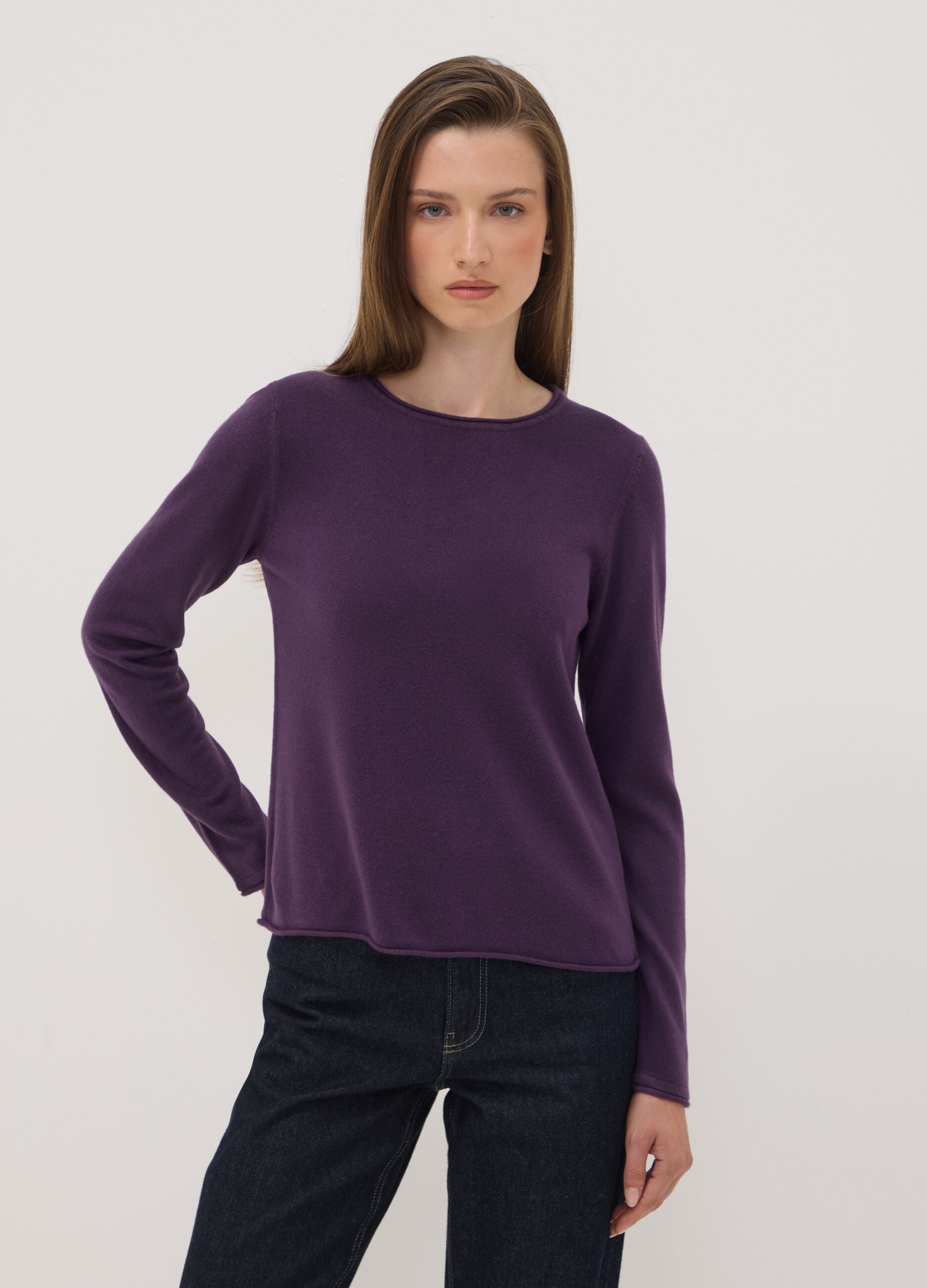 Dark purple fitted crew-neck long-sleeve top