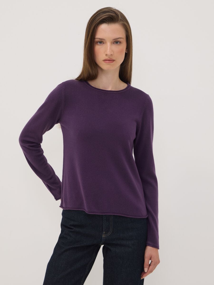 Maglia viola scuro girocollo fitted a maniche lunghe_1