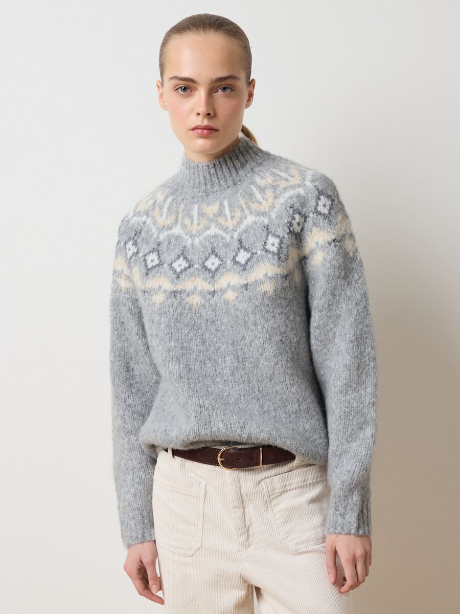 Multicolour Vulcan Collar Sweater Regular Fit with Jacquard Patterns_1