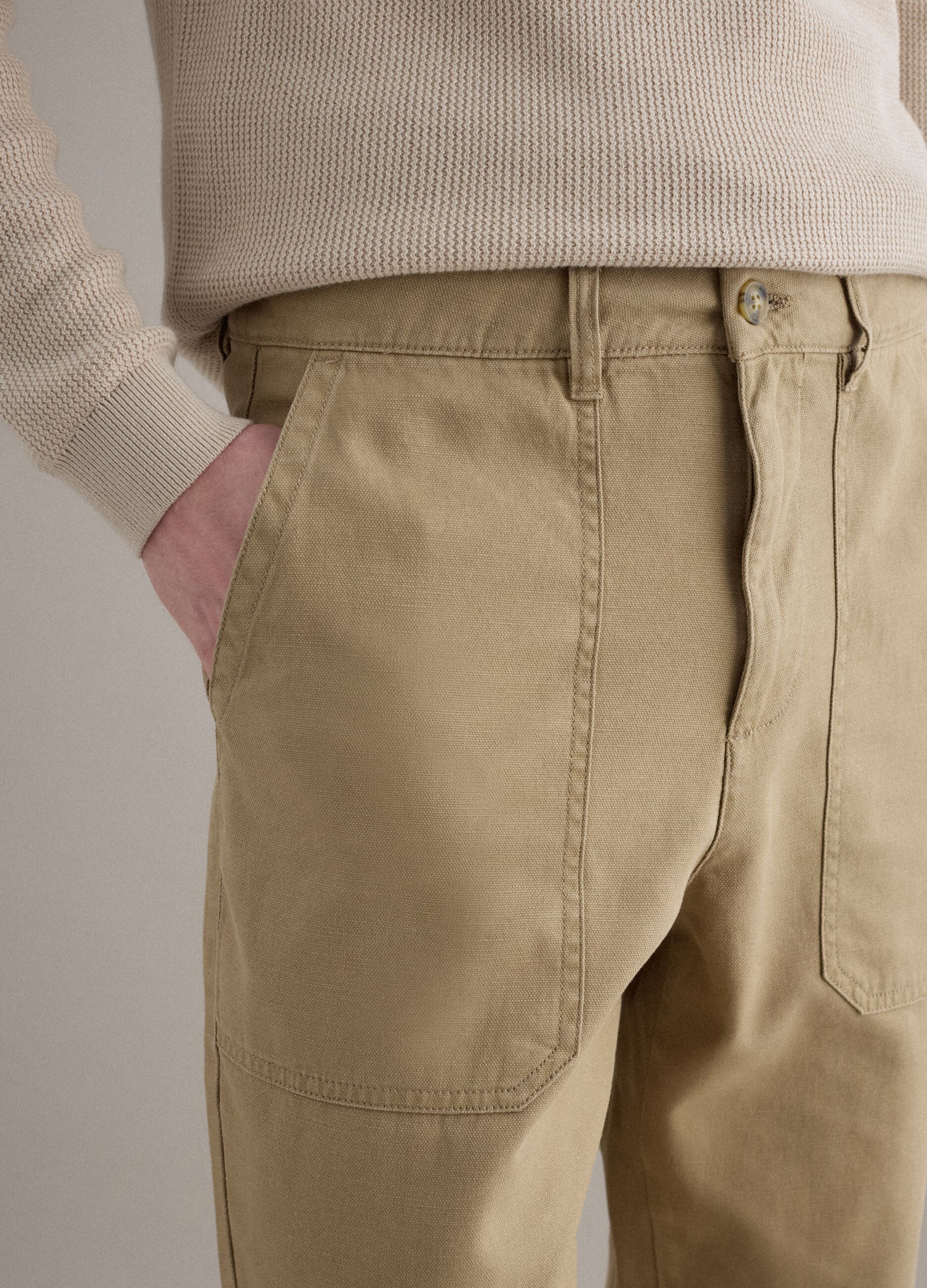 Beige Regular Fit Cotton and Linen Trousers