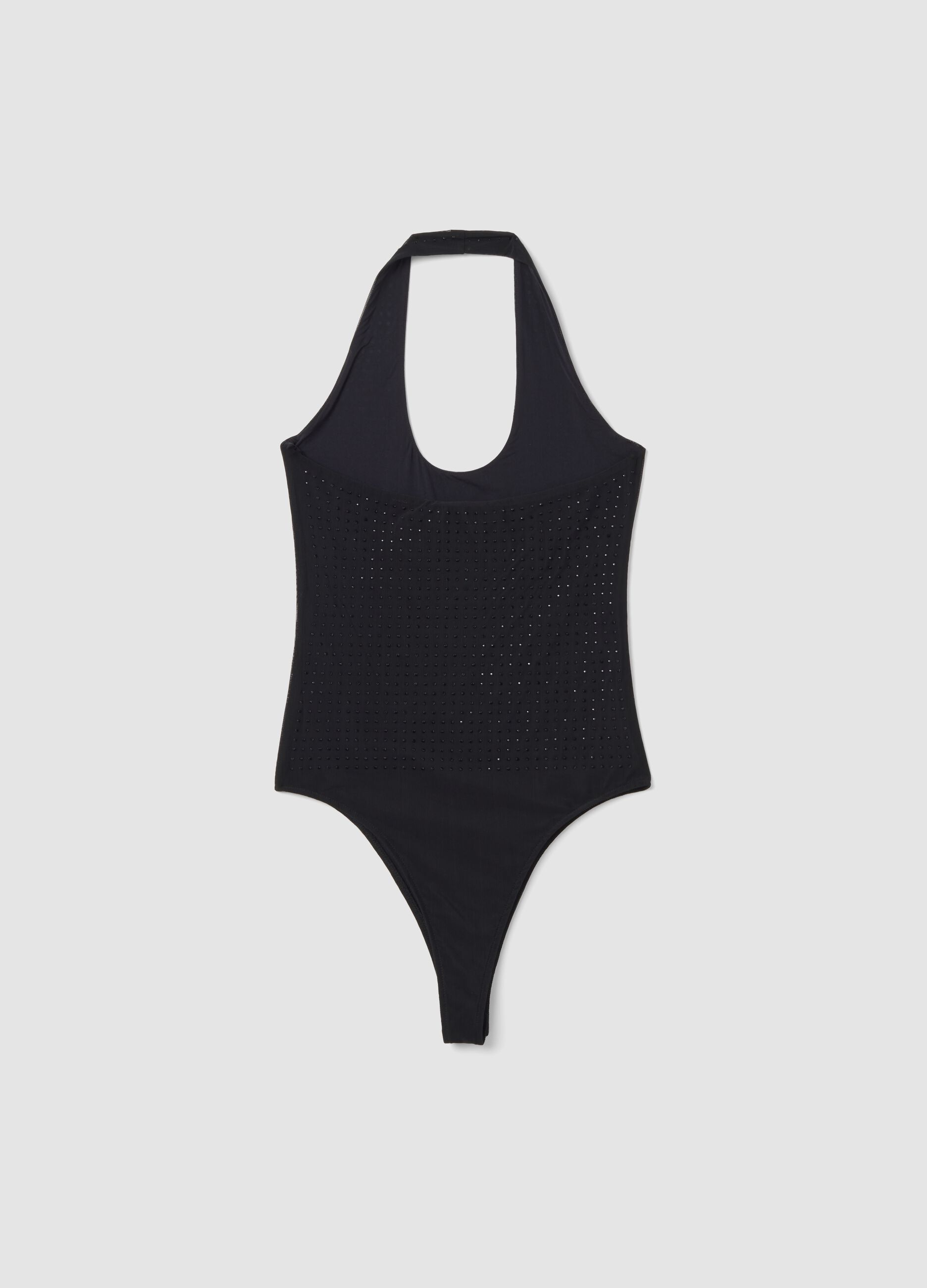 Black stretch fabric bodysuit with rhinestones, regular fit