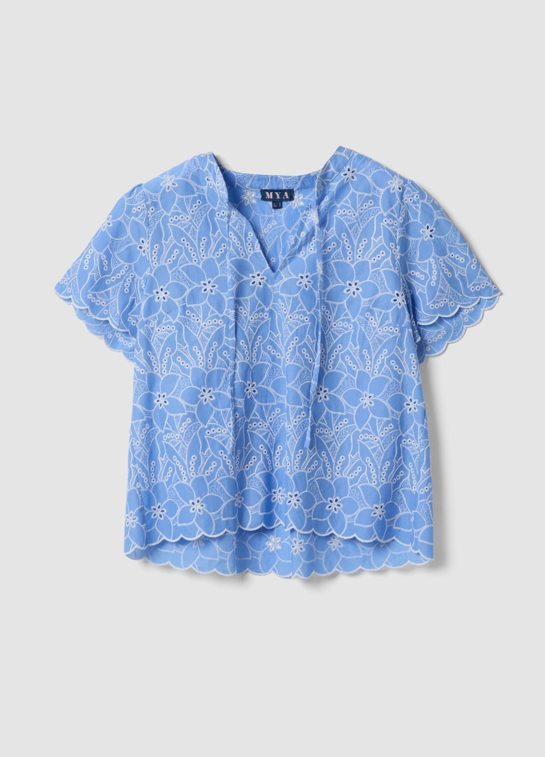 Sky-blue pure cotton broderie anglaise blouse