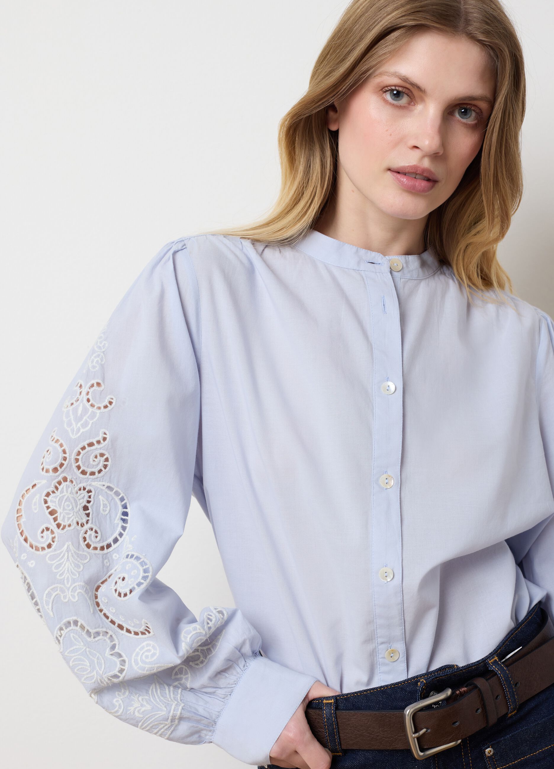 Women's regular fit light blue pure cotton shirt with embroidery