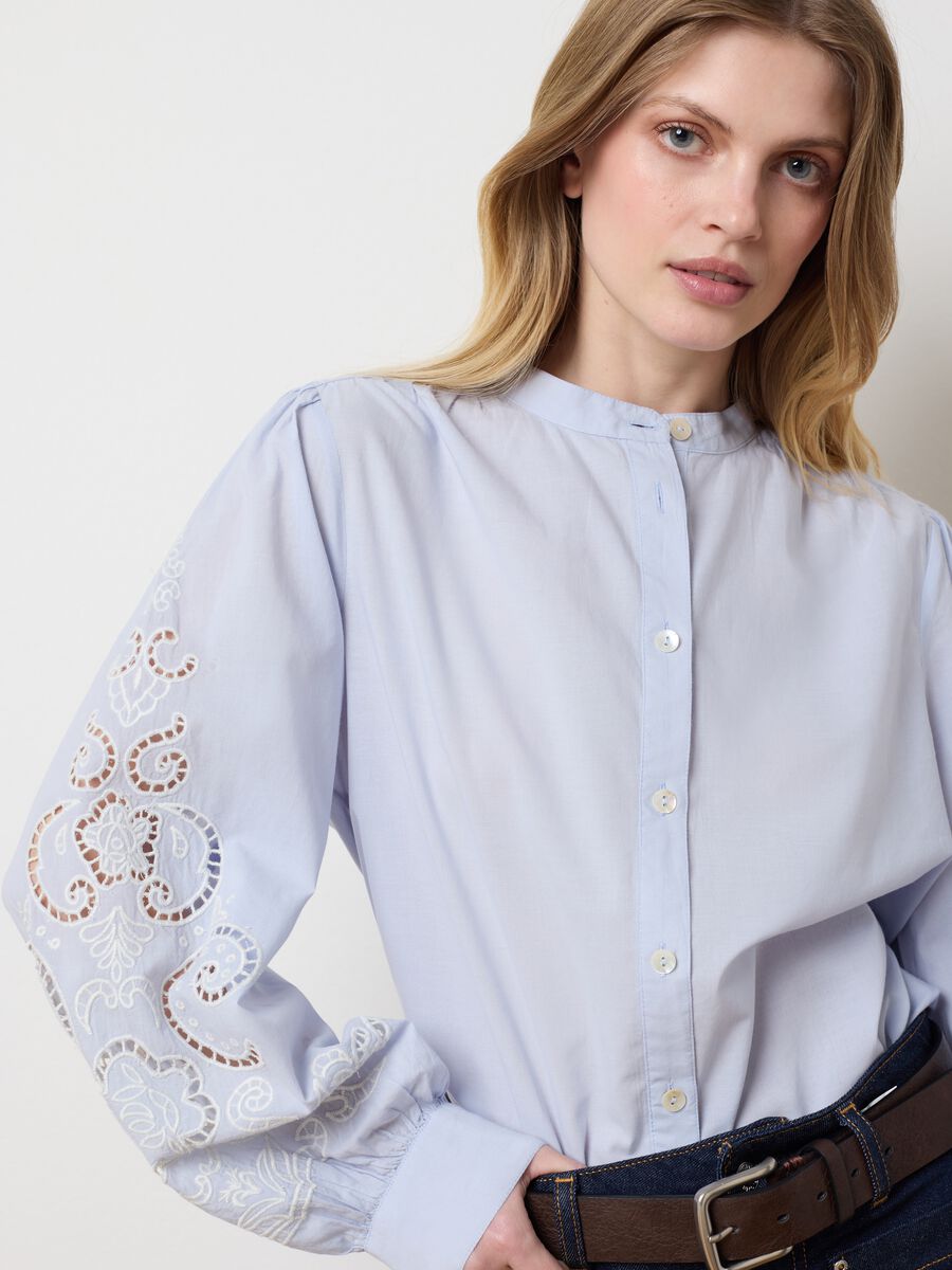 Women's regular fit light blue pure cotton shirt with embroidery_0