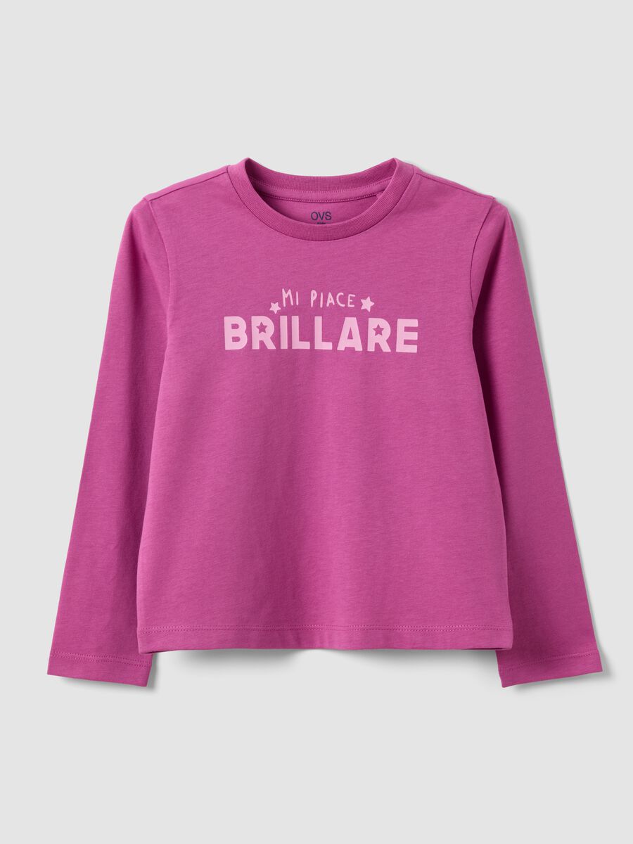 T-shirt rosa in puro cotone organico con scritta frontale per bambina_0