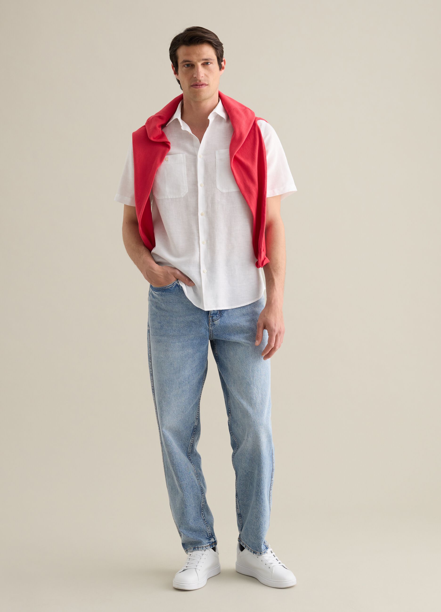 Piombo White Linen and Cotton Short Sleeve Shirt