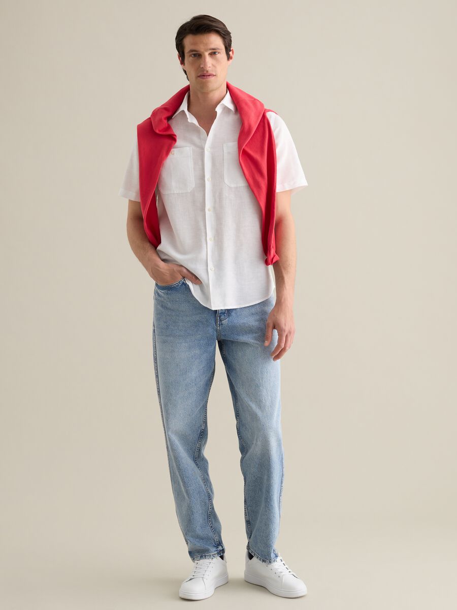 Piombo White Linen and Cotton Short Sleeve Shirt_1