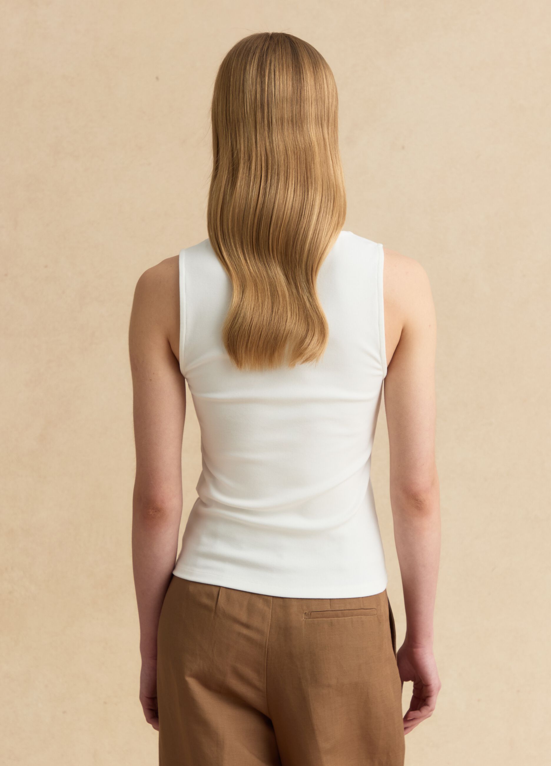 White stretch viscose tank top with embroidered detail